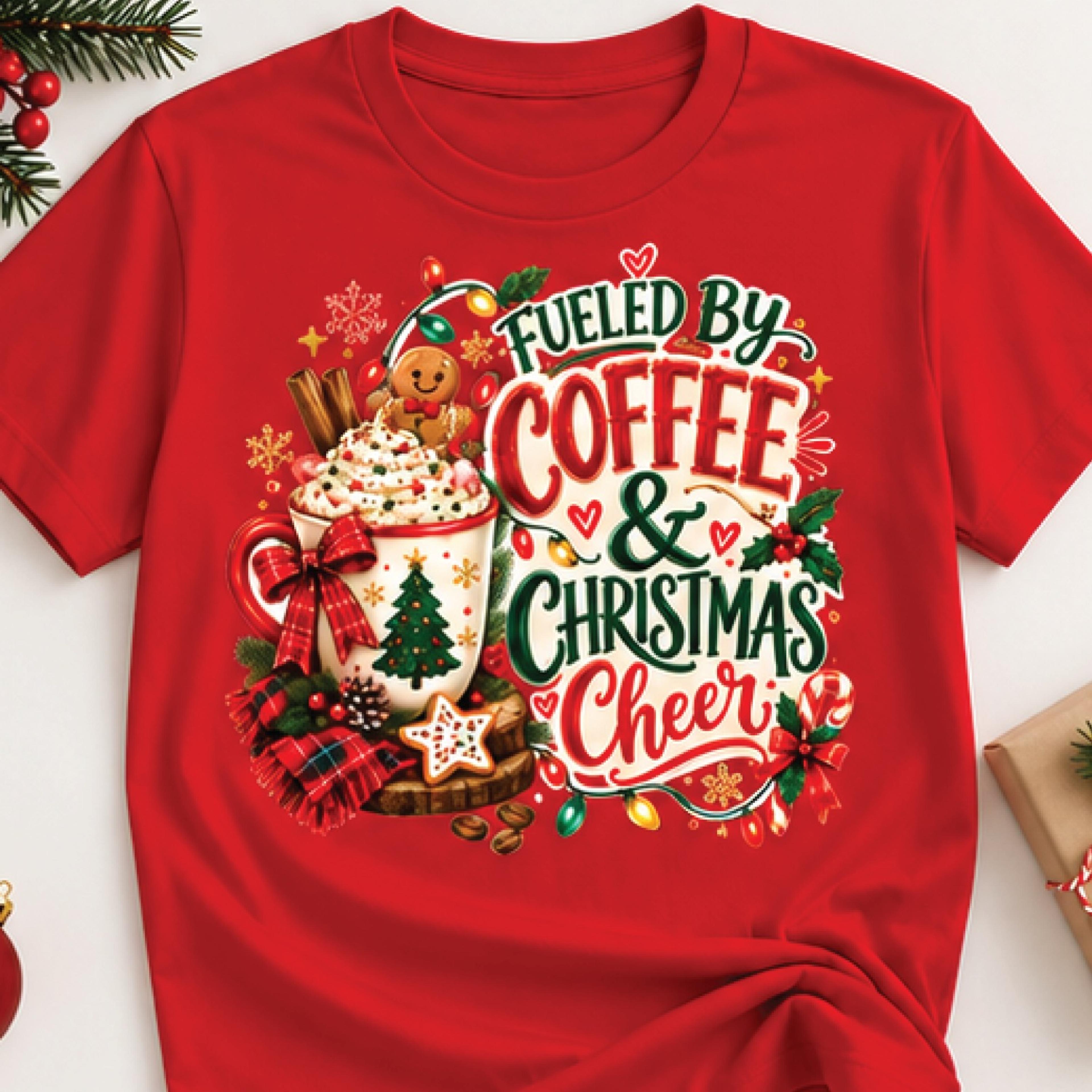fueled by coffee and christmas cheer shirt, cute christmas coffee graphic tee, holiday coffee lover gift, festive xmas