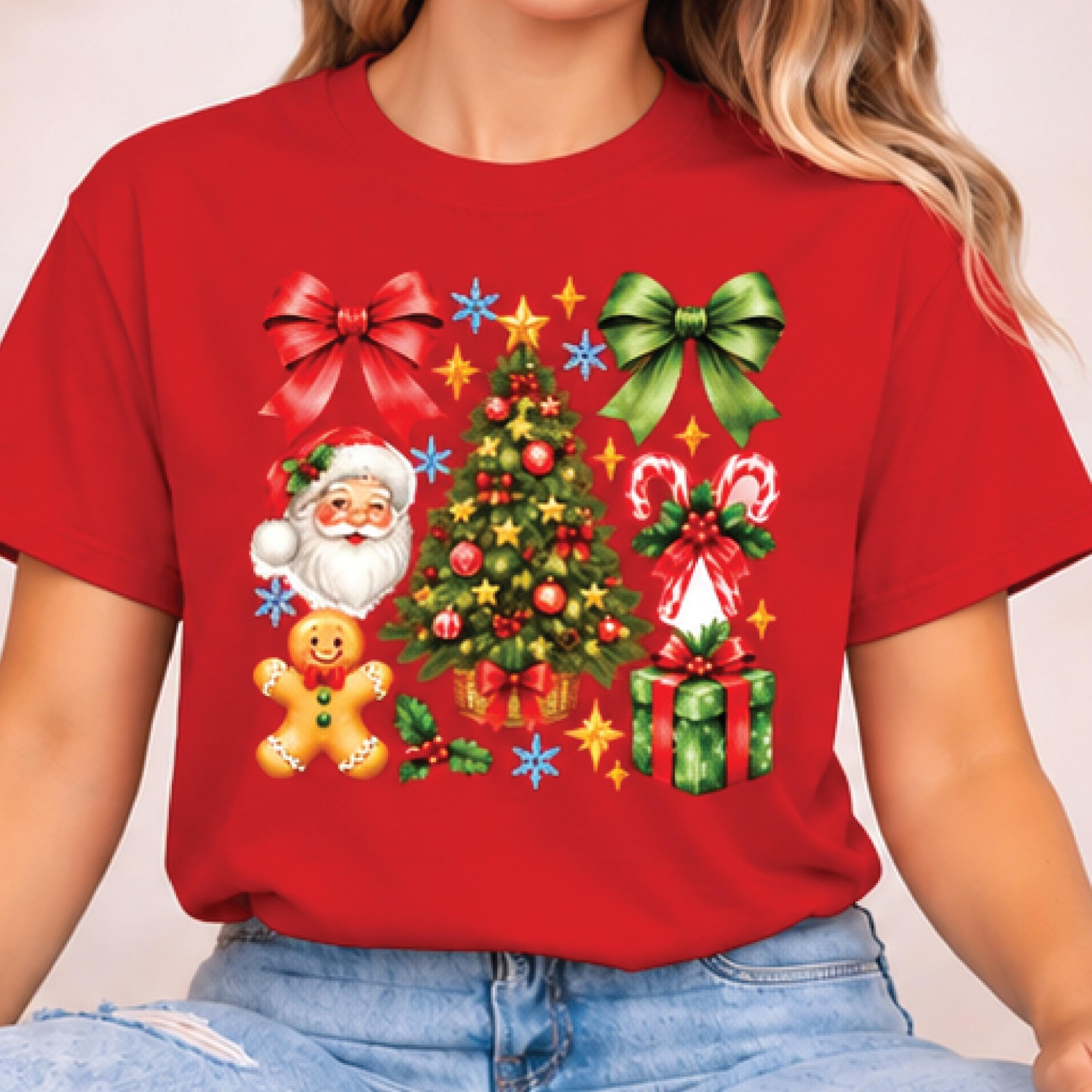 cute christmas tree shirt, santa gingerbread holiday graphic tee, festive christmas bow t-shirt, xmas gift for dog lover