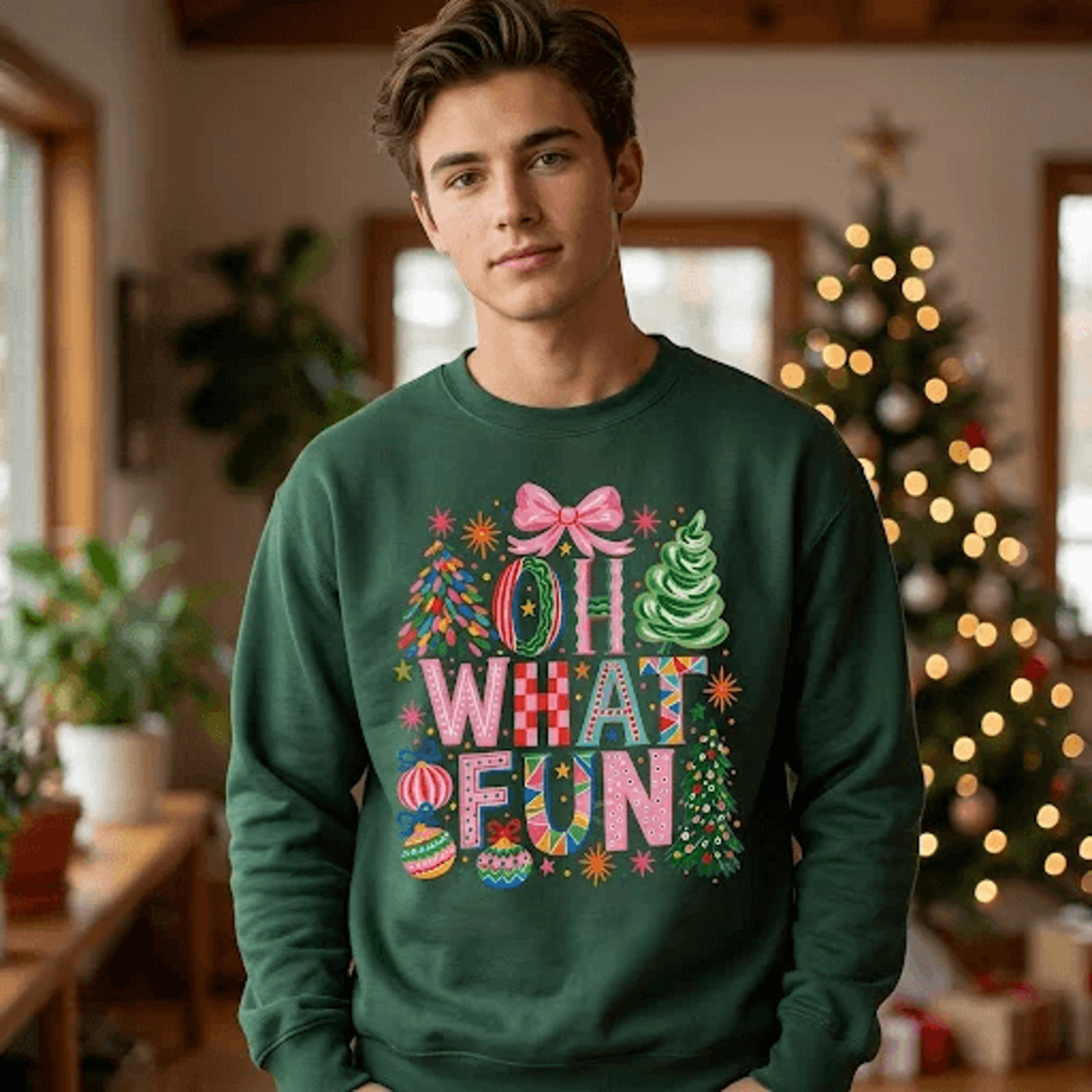 oh what fun christmas sweatshirt, colorful retro holiday graphic crewneck, cute christmas tree bow sweater, festive xmas