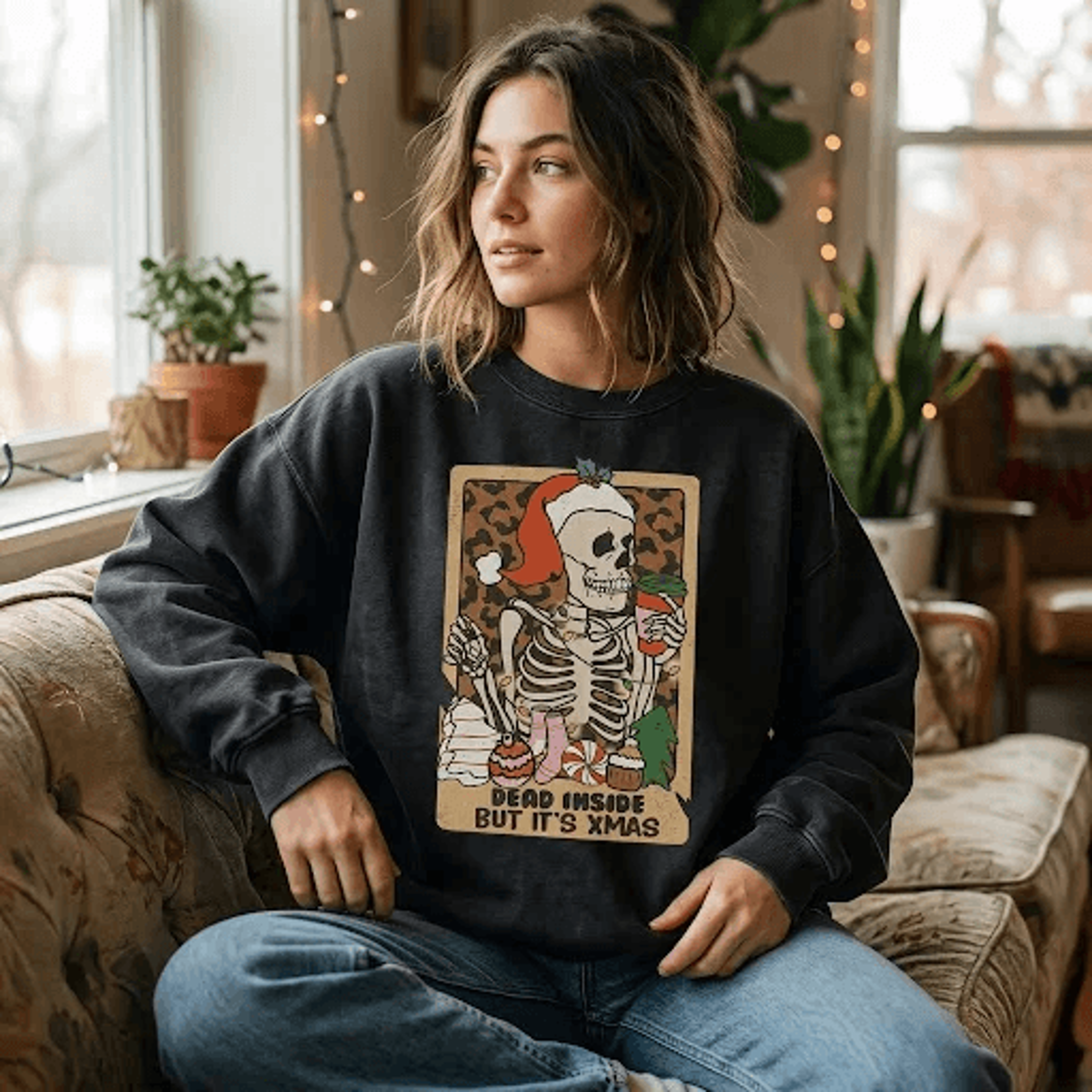 dead inside but it's xmas sweatshirt, funny skeleton christmas crewneck, gothic santa holiday sweater, dark humor xmas