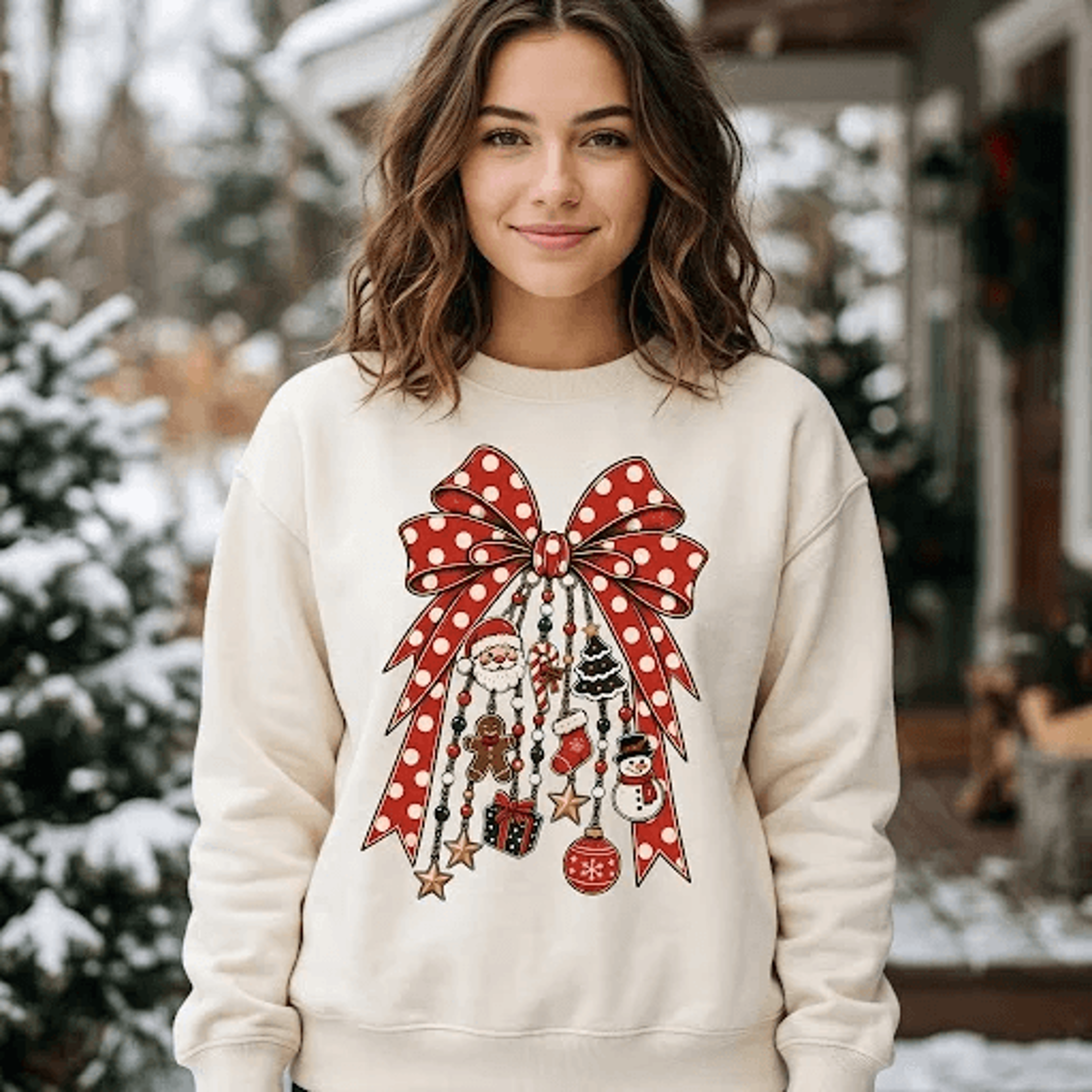 christmas bow sweatshirt, cute red polka dot ribbon holiday crewneck, santa snowman gingerbread graphic sweater, xmas
