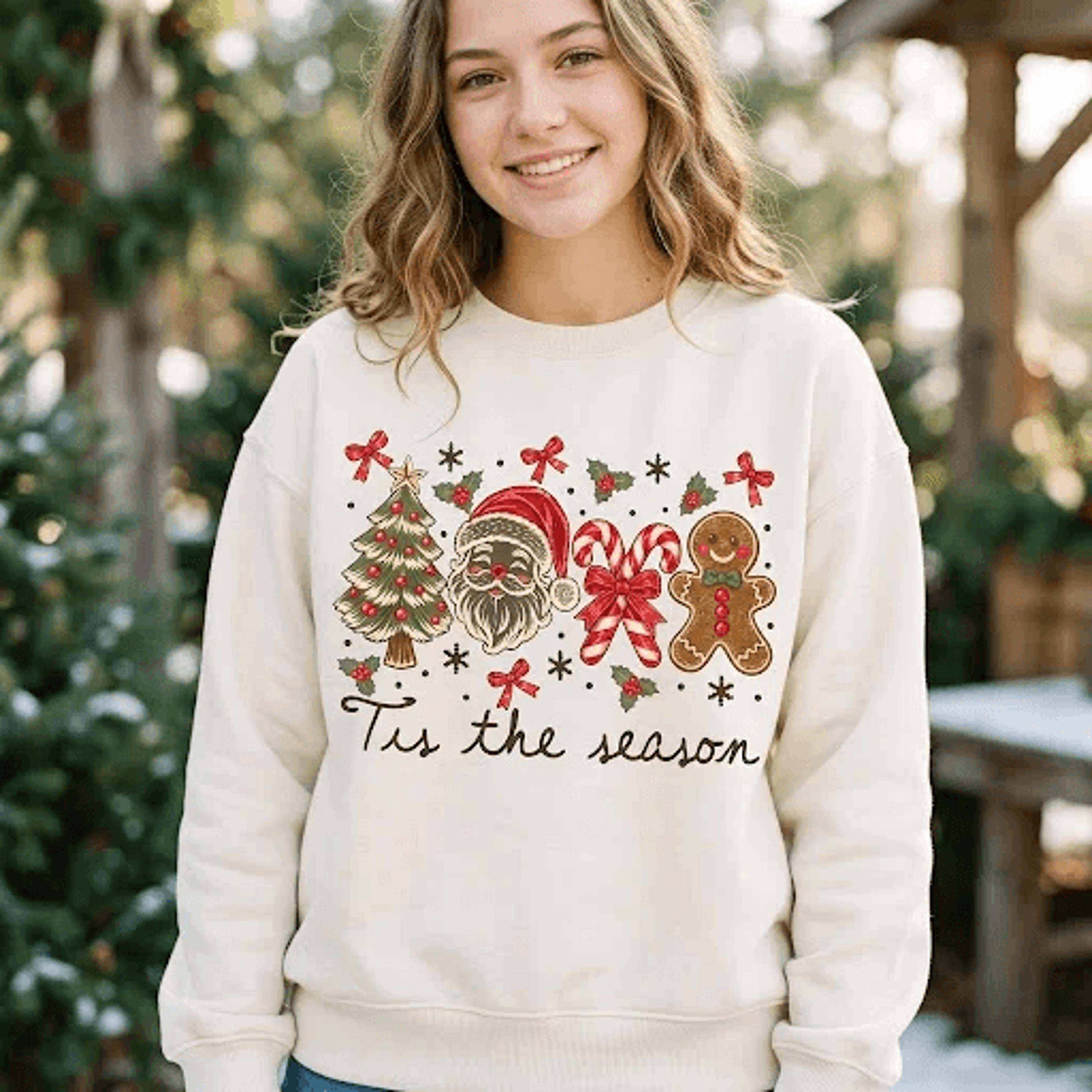 tis the season christmas sweatshirt, cute santa gingerbread christmas tree crewneck, candy cane bow holiday sweater
