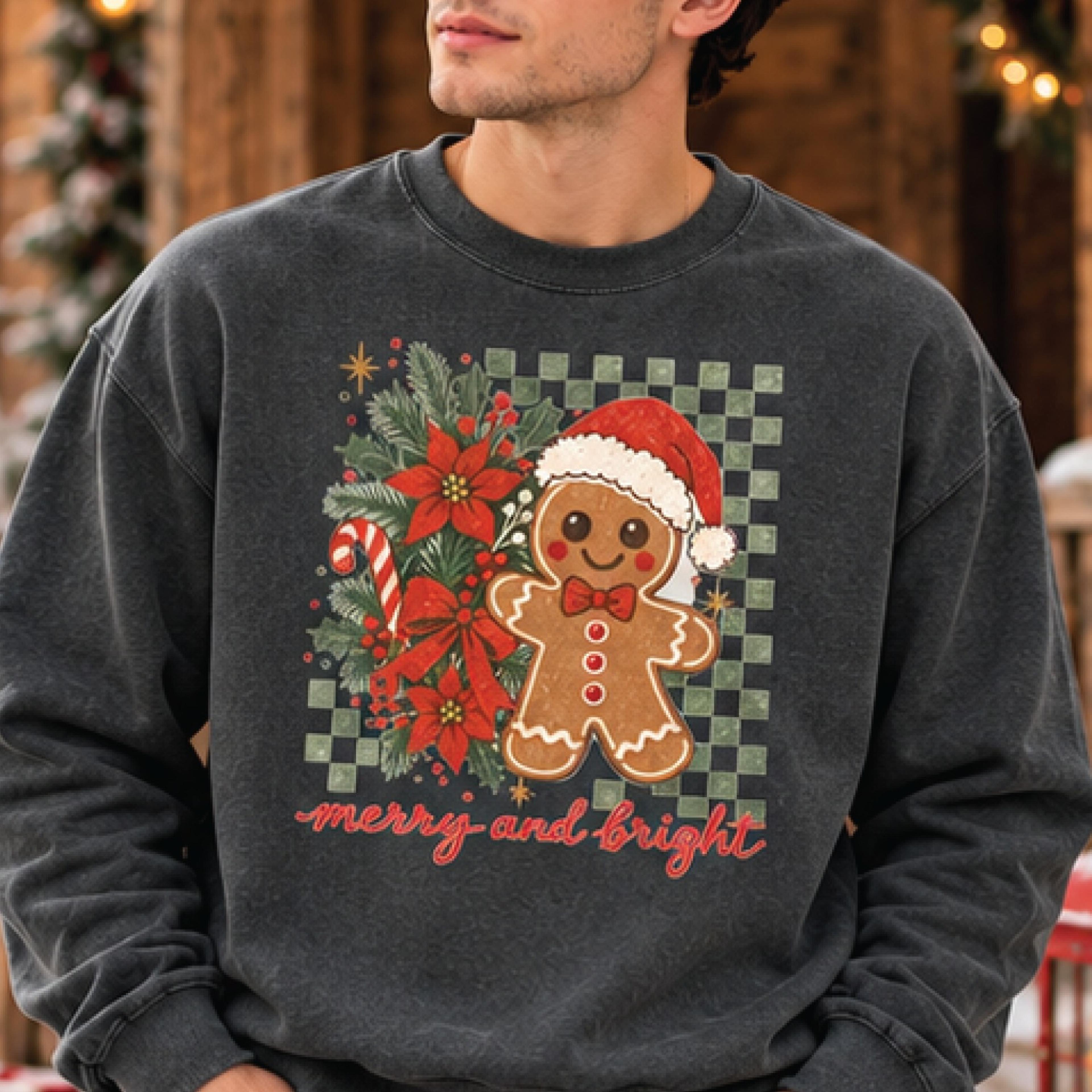 christmas gingerbread man sweatshirt, merry and bright holiday crewneck, cute festive christmas gift, unisex winter pull
