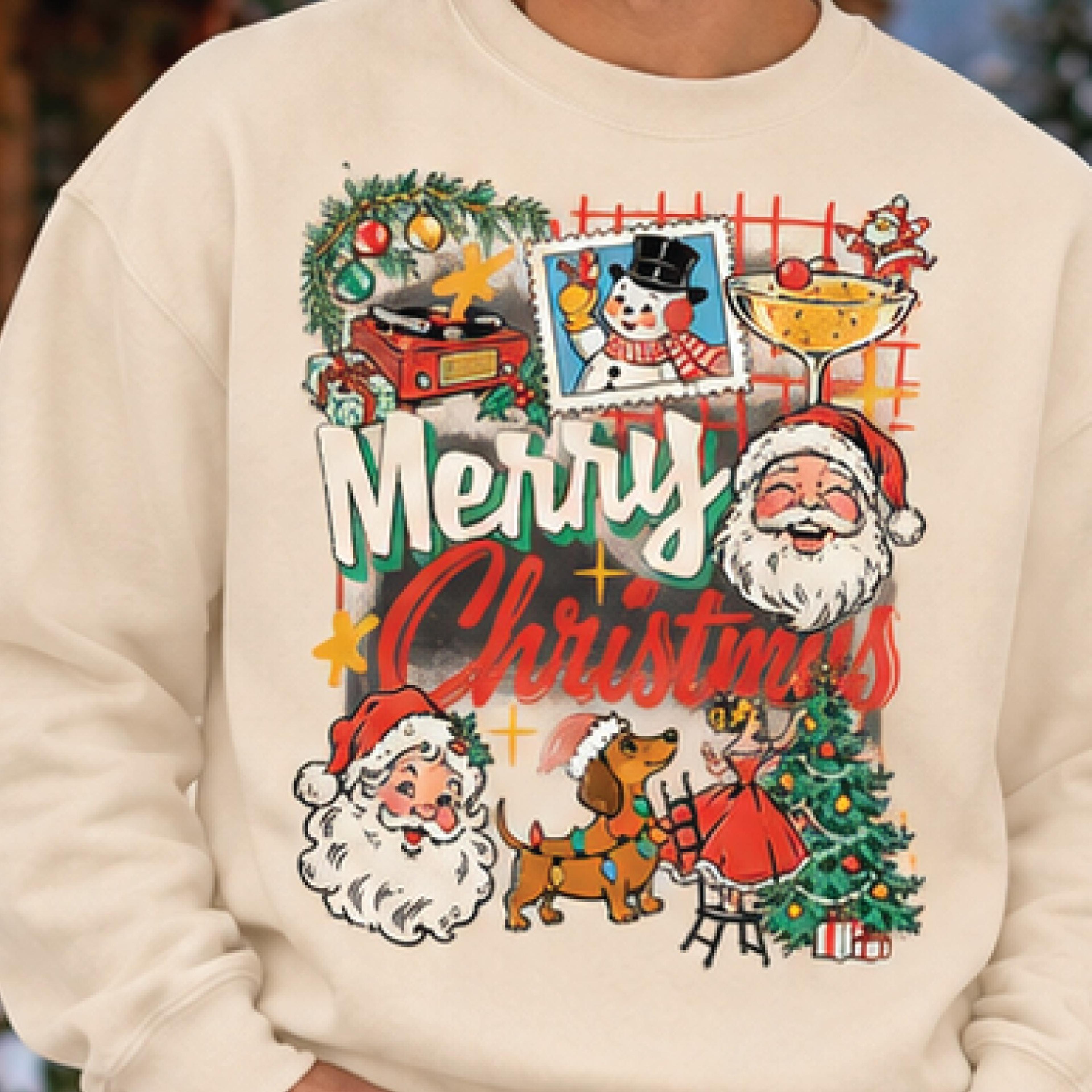 retro merry christmas sweatshirt, vintage santa claus holiday crewneck, festive christmas collage sweater, unisex xmas