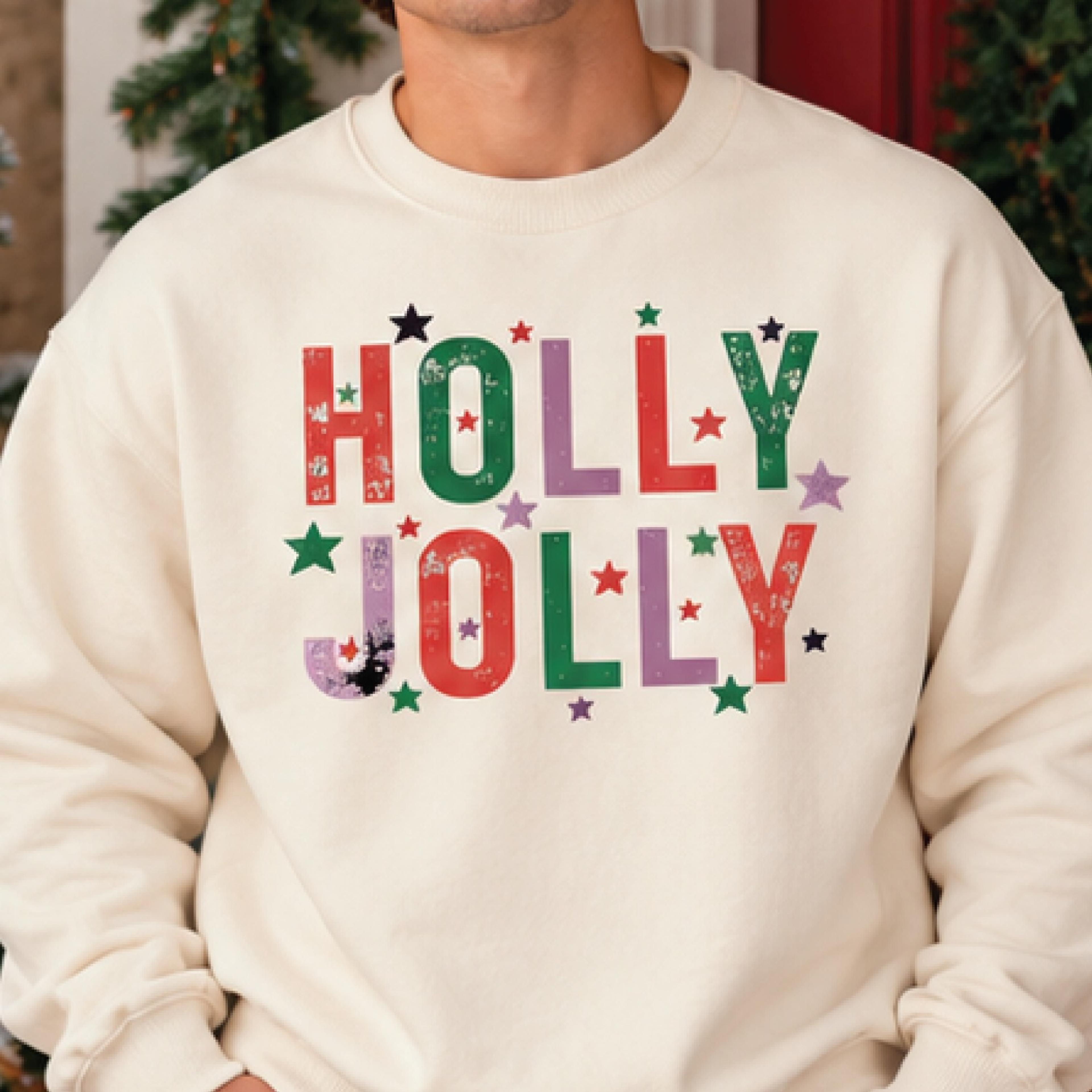 holly jolly christmas sweatshirt, retro holiday graphic crewneck, colorful festive star pullover, unisex christmas gift