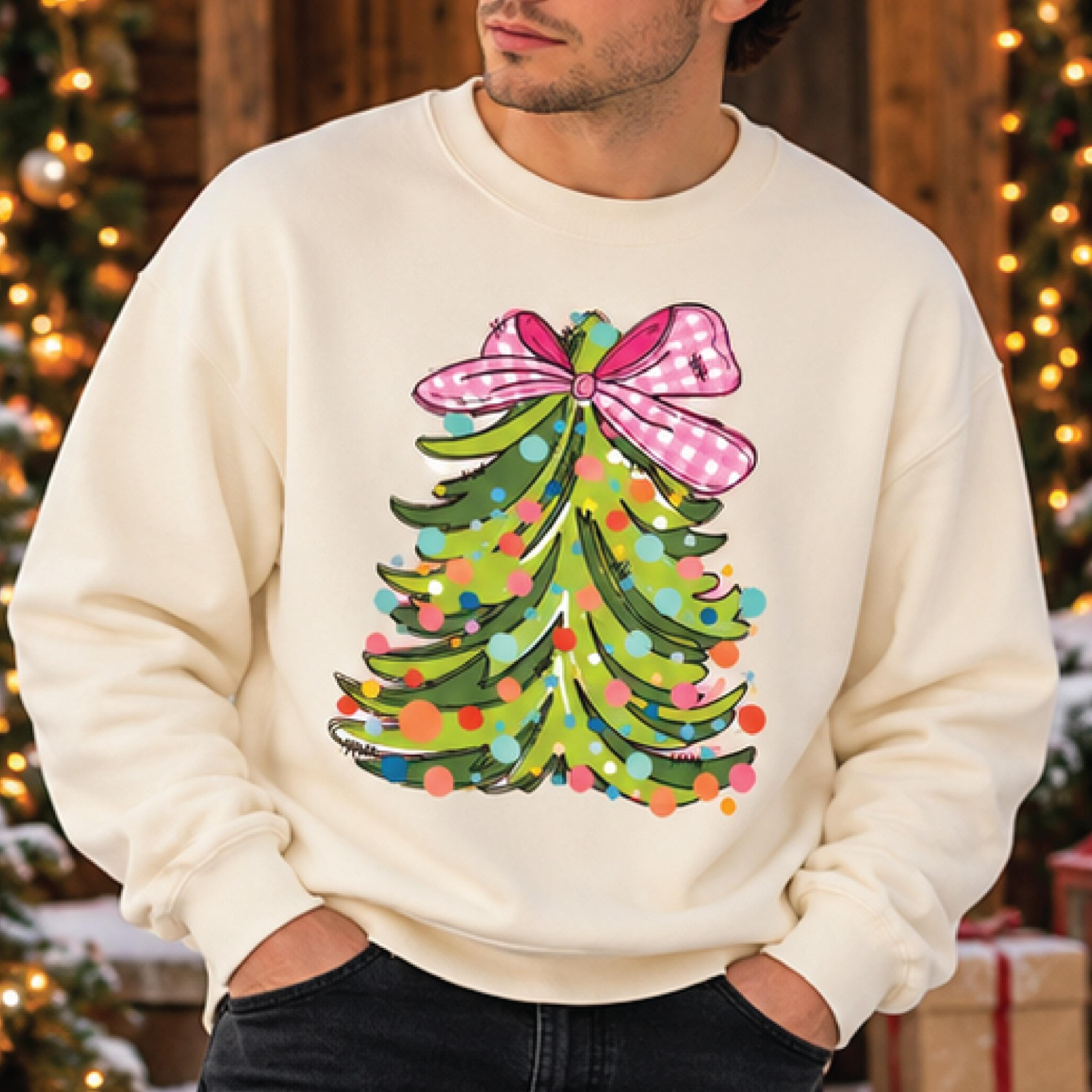 retro christmas tree sweatshirt, pink bow christmas graphic pullover, colorful holiday tree sweater, unisex christmas