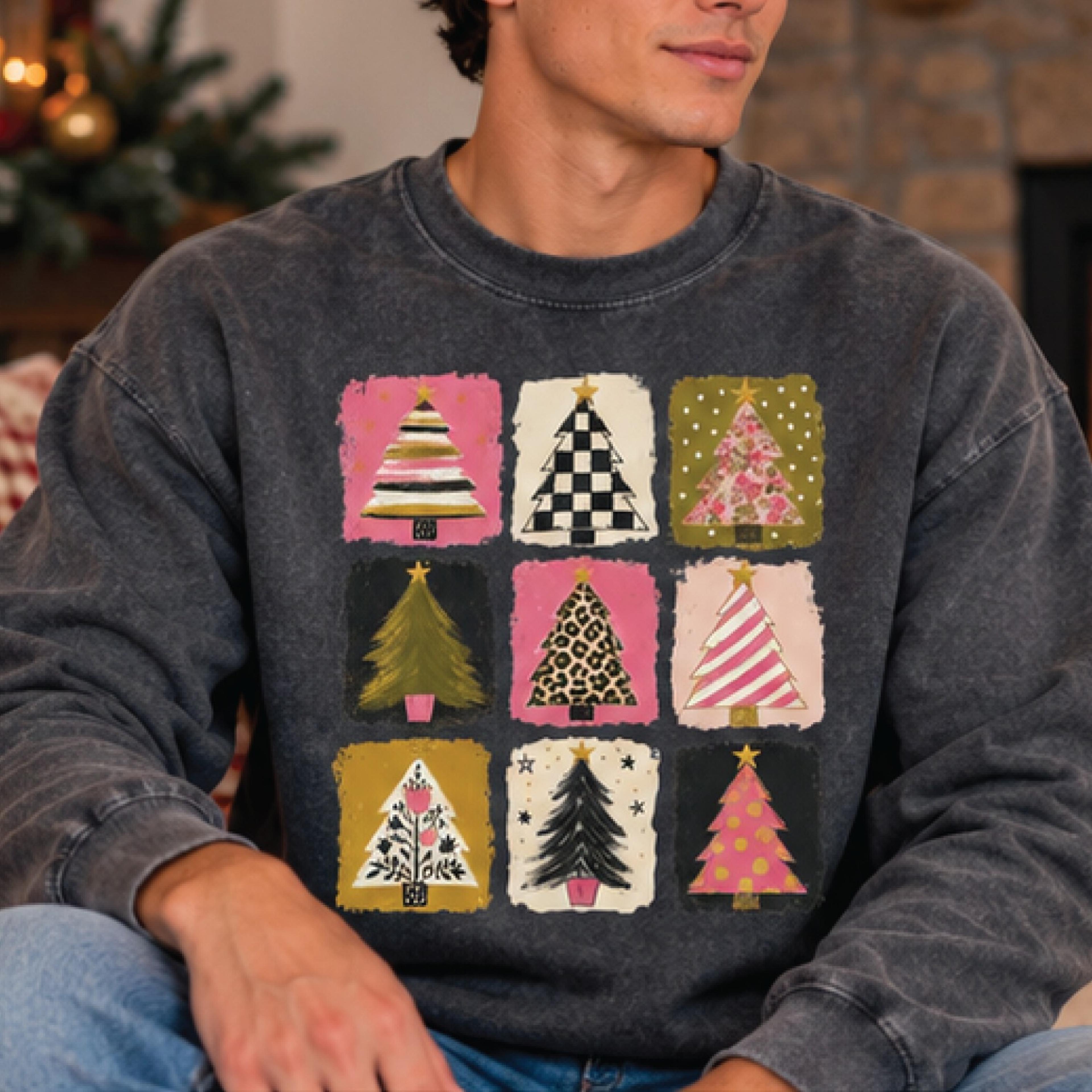 retro christmas trees sweatshirt, vintage patchwork christmas tree graphic sweater, coquette holiday pullover, unisex