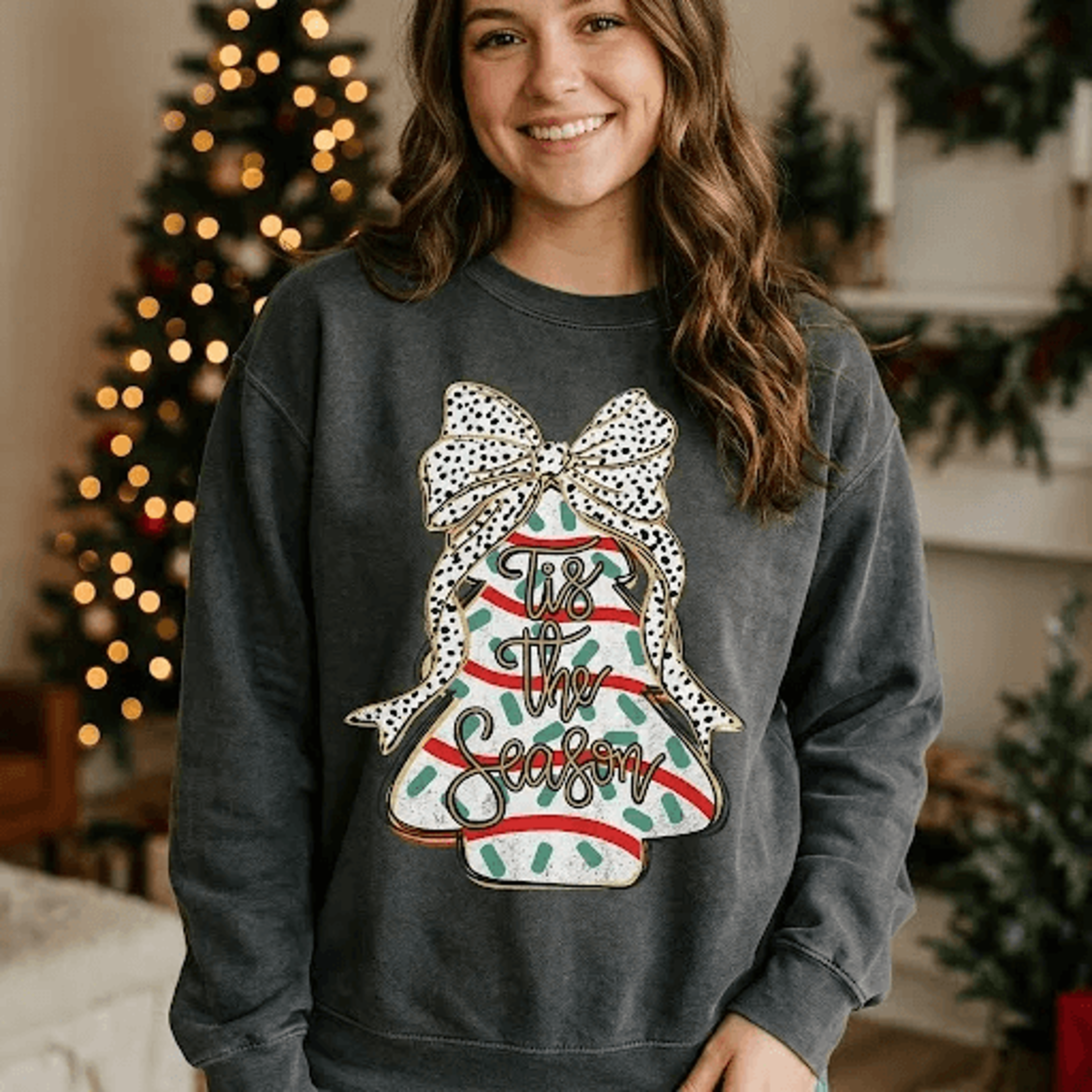 tis the season christmas tree sweatshirt, cute bow holiday graphic sweater, coquette christmas pullover, unisex festive
