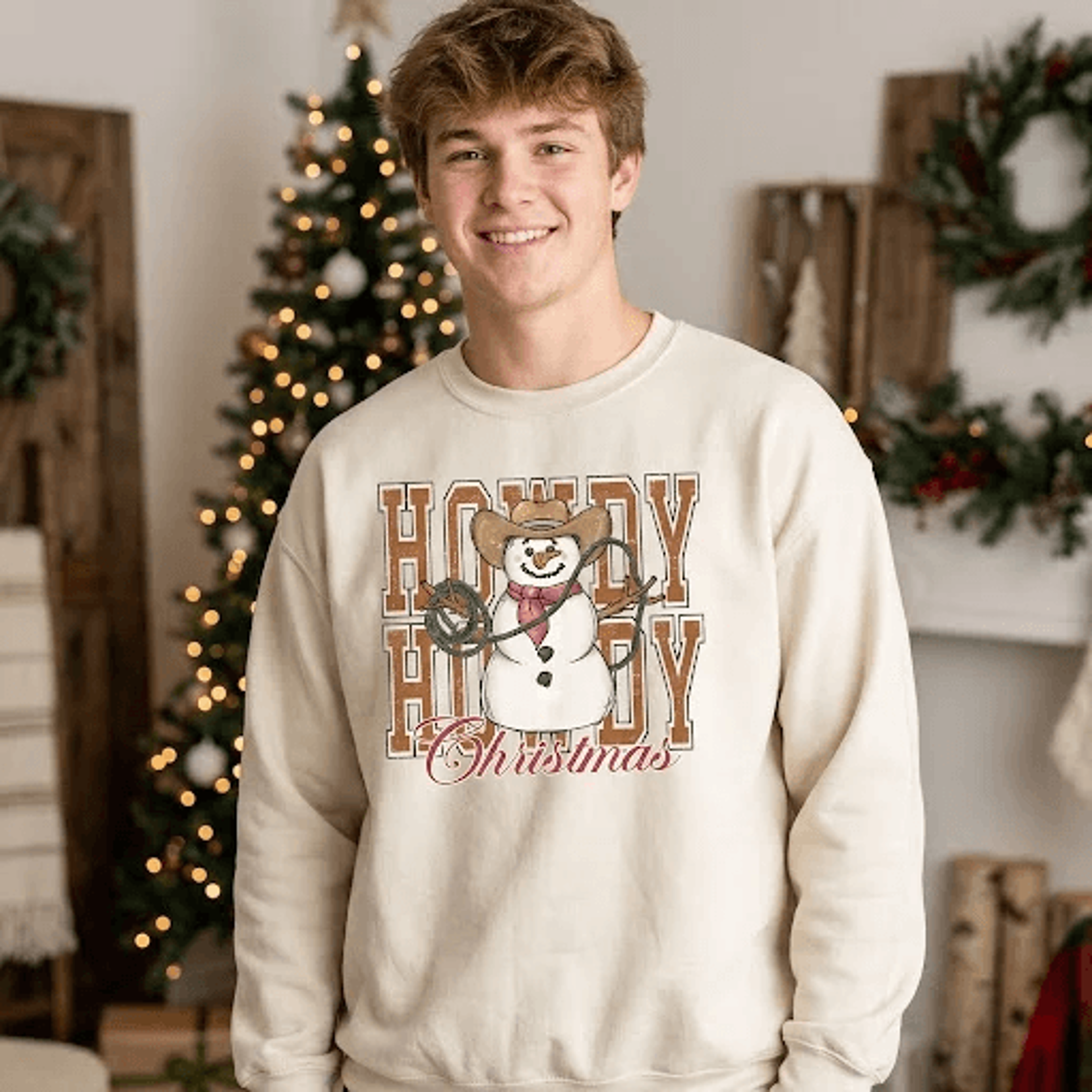 howdy howdy christmas sweatshirt, cowboy snowman western christmas sweater, rustic holiday graphic pullover, unisex xmas