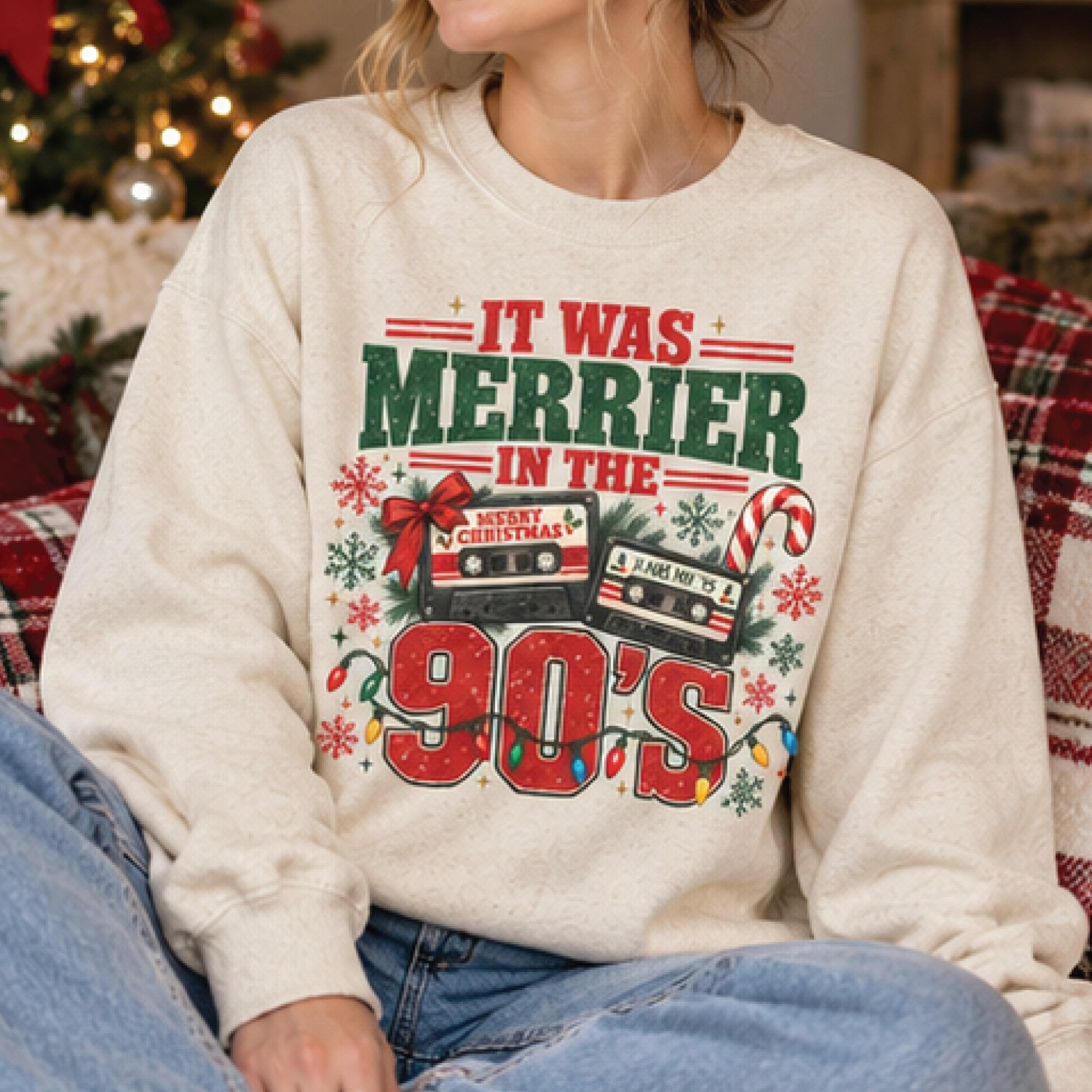 it was merrier in the 90s christmas sweatshirt, retro 90s holiday nostalgia shirt, vintage christmas cassette graphic