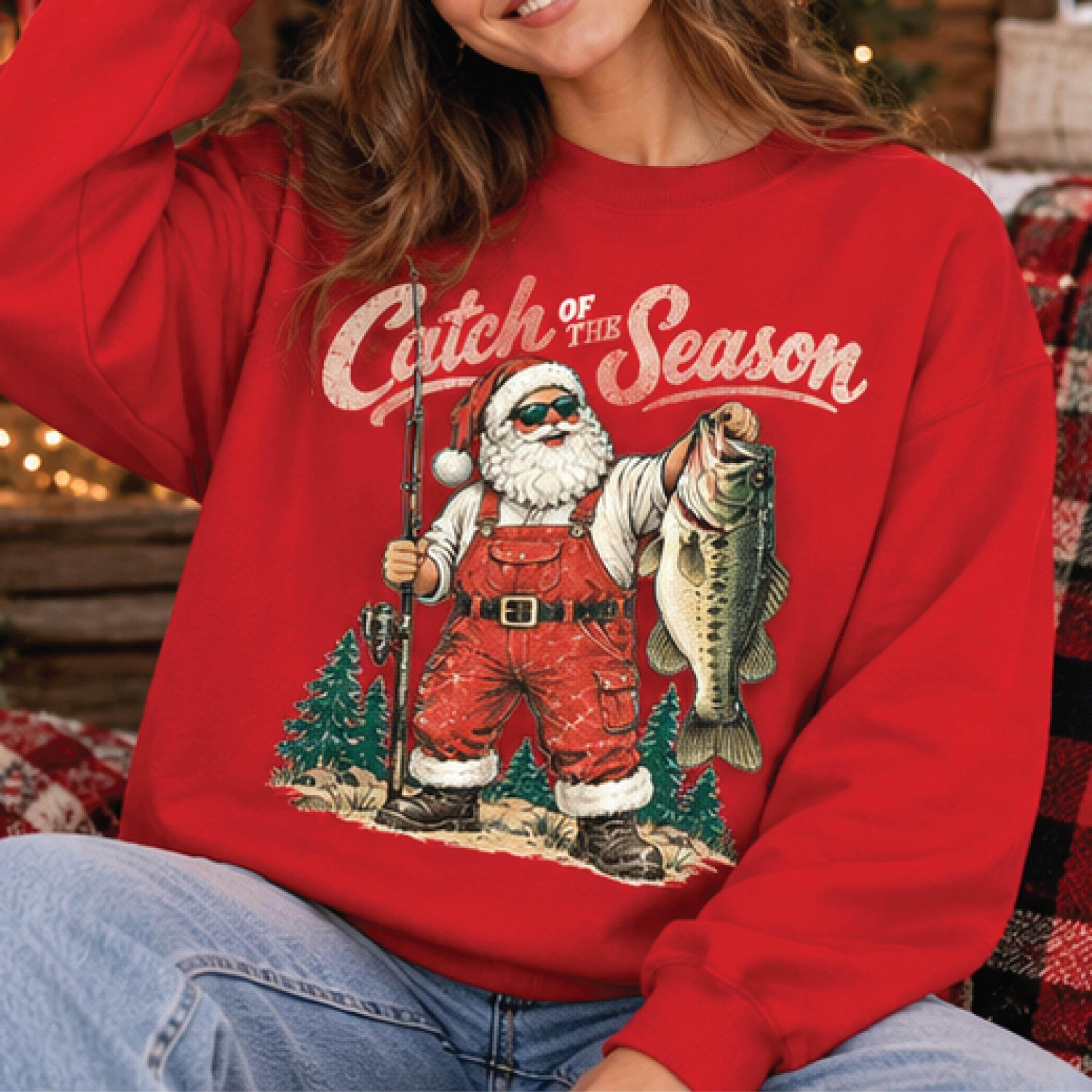 catch of the season santa fishing sweatshirt, funny christmas fisherman pullover, bass fishing holiday gift for anglers