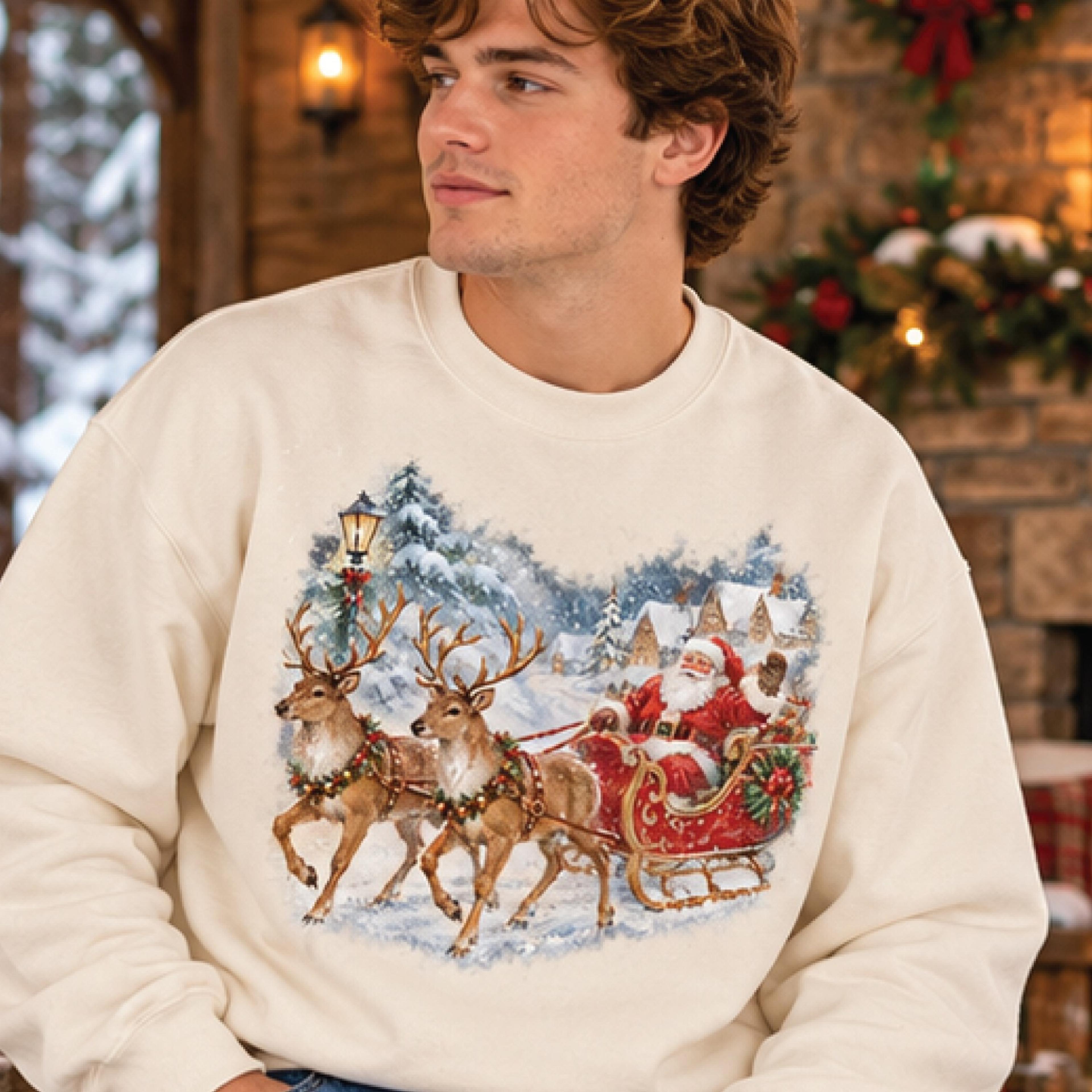 vintage santa sleigh christmas sweatshirt, reindeer winter wonderland graphic pullover, retro holiday gift for adults