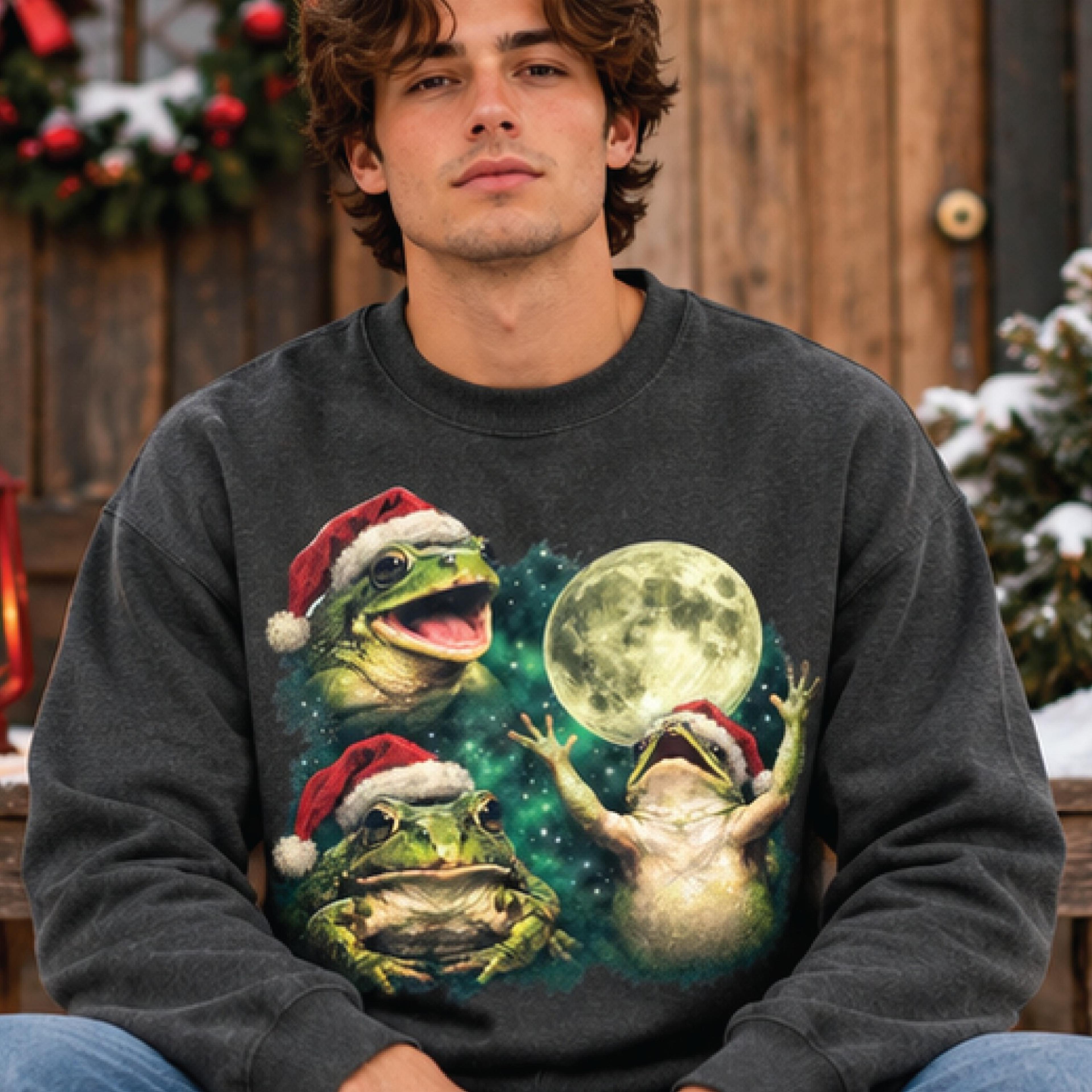 funny christmas frog sweatshirt, santa hat frog moon graphic pullover, whimsical holiday sweater, frog lover christmas