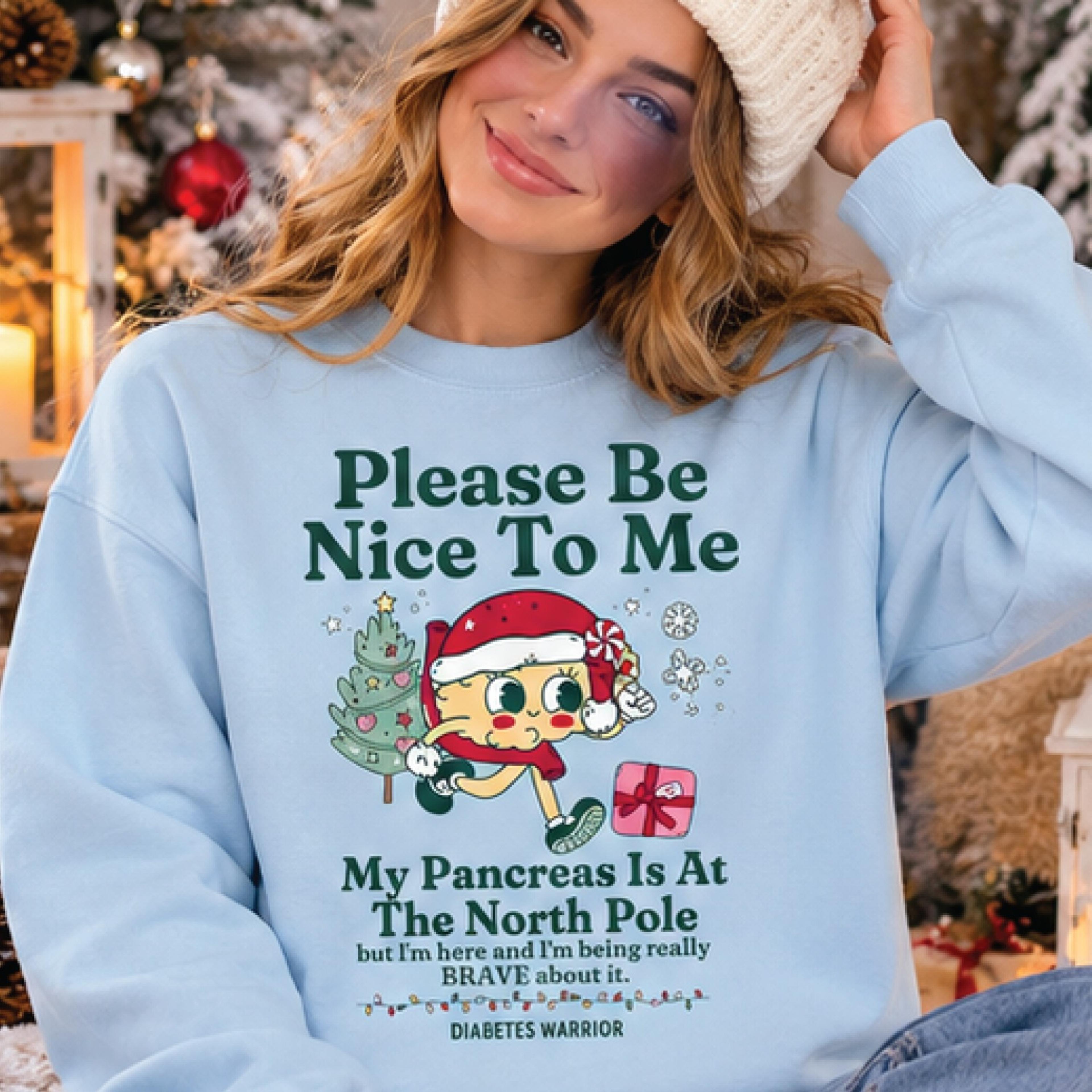 please be nice to me christmas sweatshirt, diabetes warrior crewneck, funny pancreas north pole quote, holiday gift