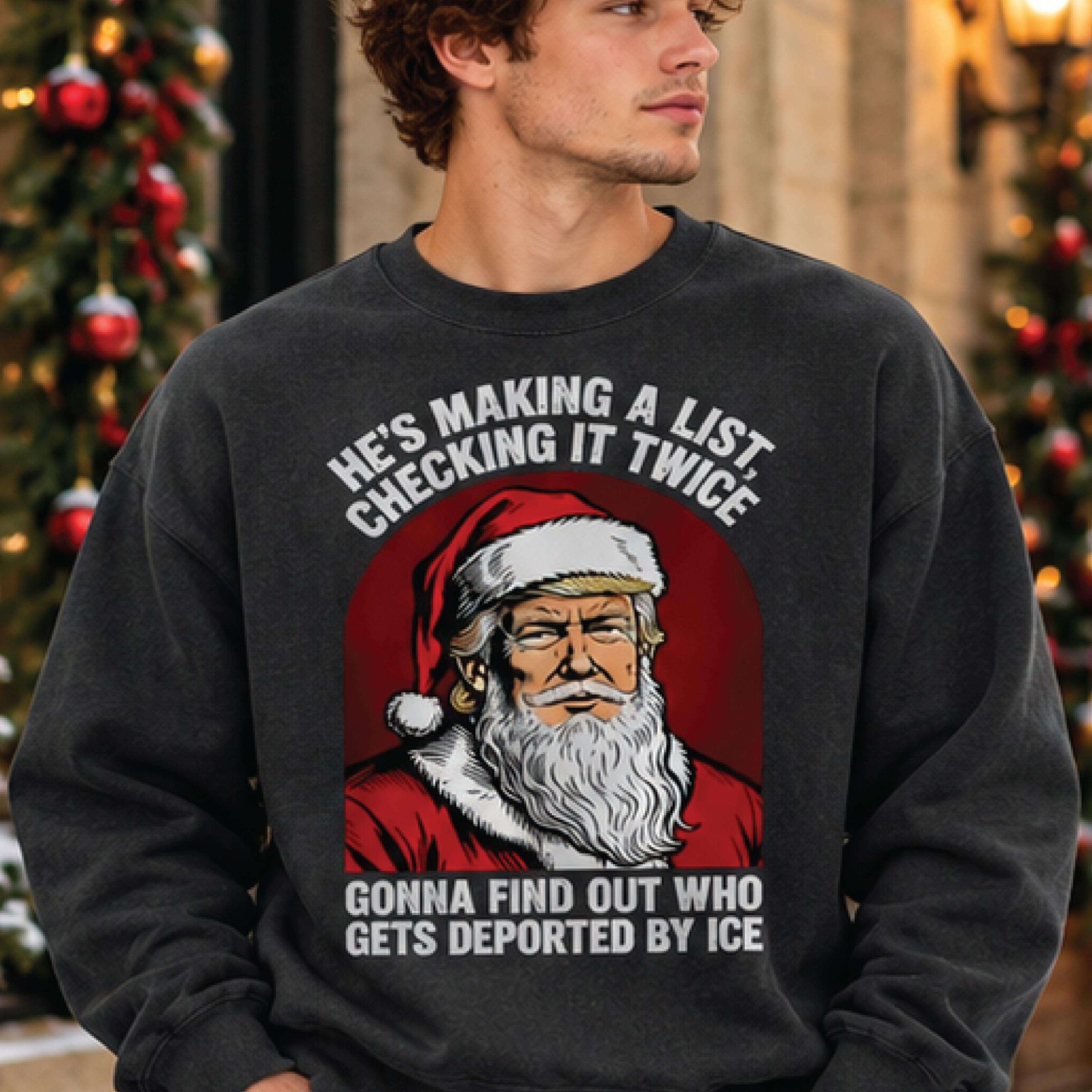 trump santa christmas sweatshirt, he's making a list checking it twice, funny political christmas crewneck, ice holiday