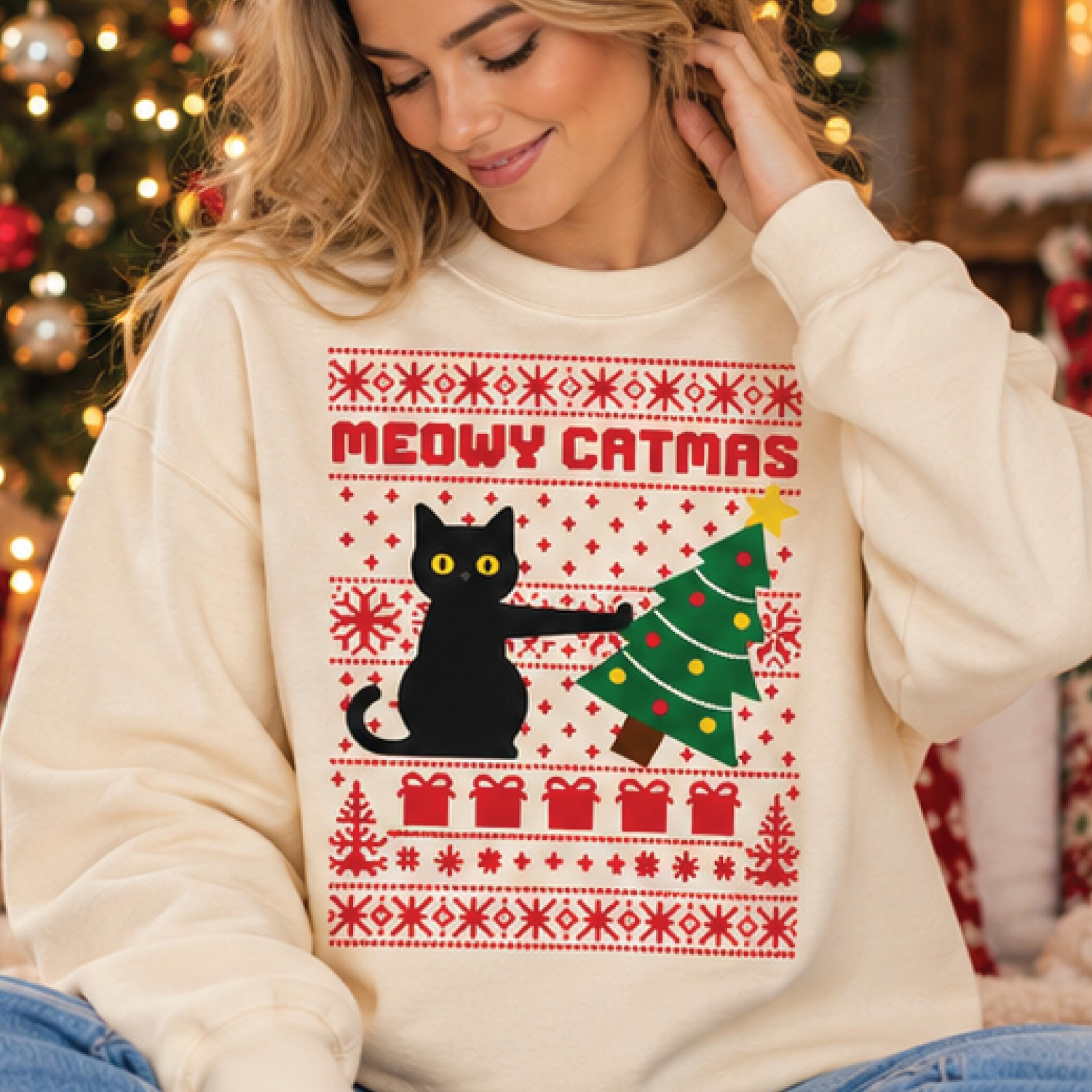 meowy catmas christmas sweatshirt, funny black cat ugly christmas sweater, cute cat lover holiday crewneck, unisex adult