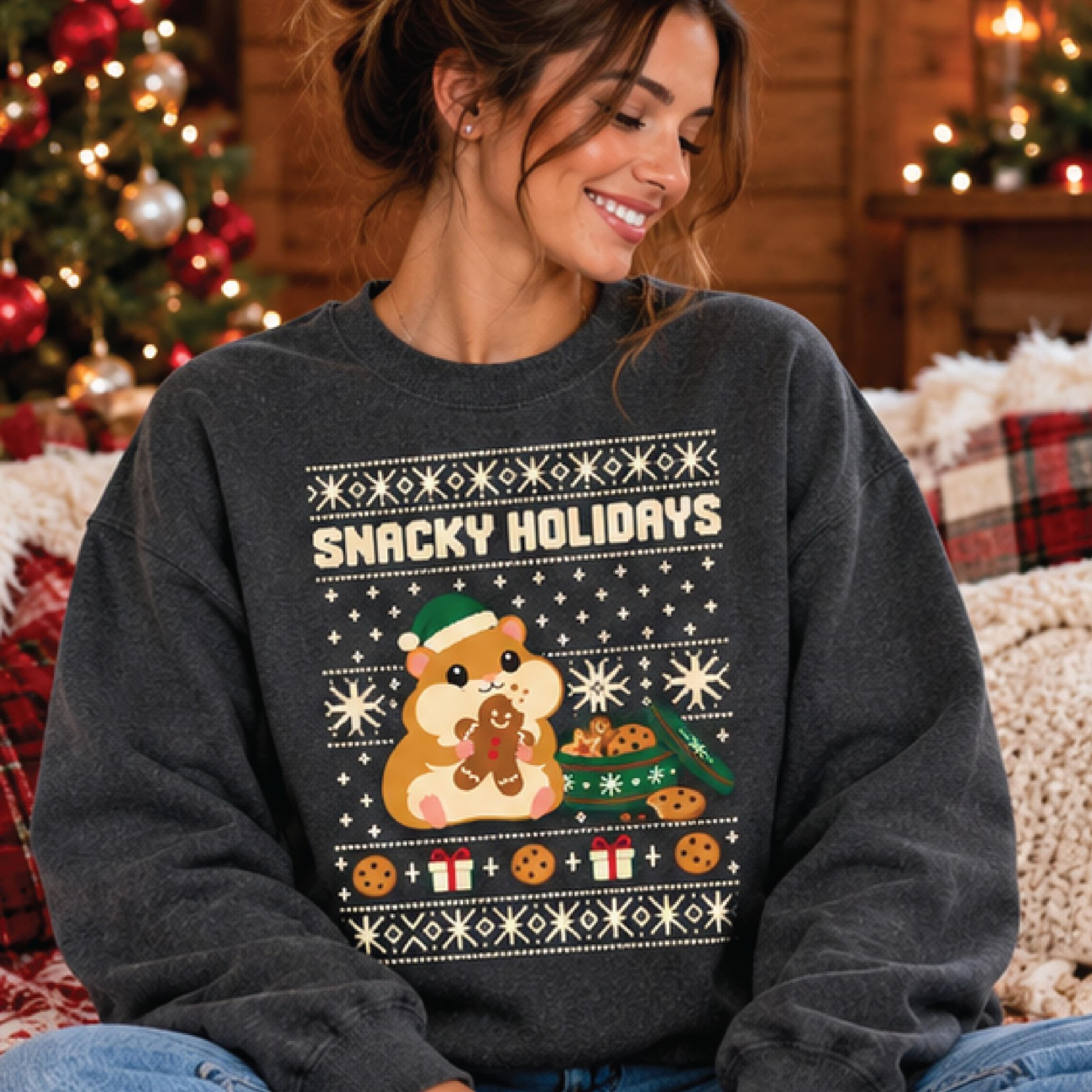 snacky holidays christmas sweatshirt, cute hamster gingerbread cookie sweater, funny holiday crewneck, unisex xmas gift
