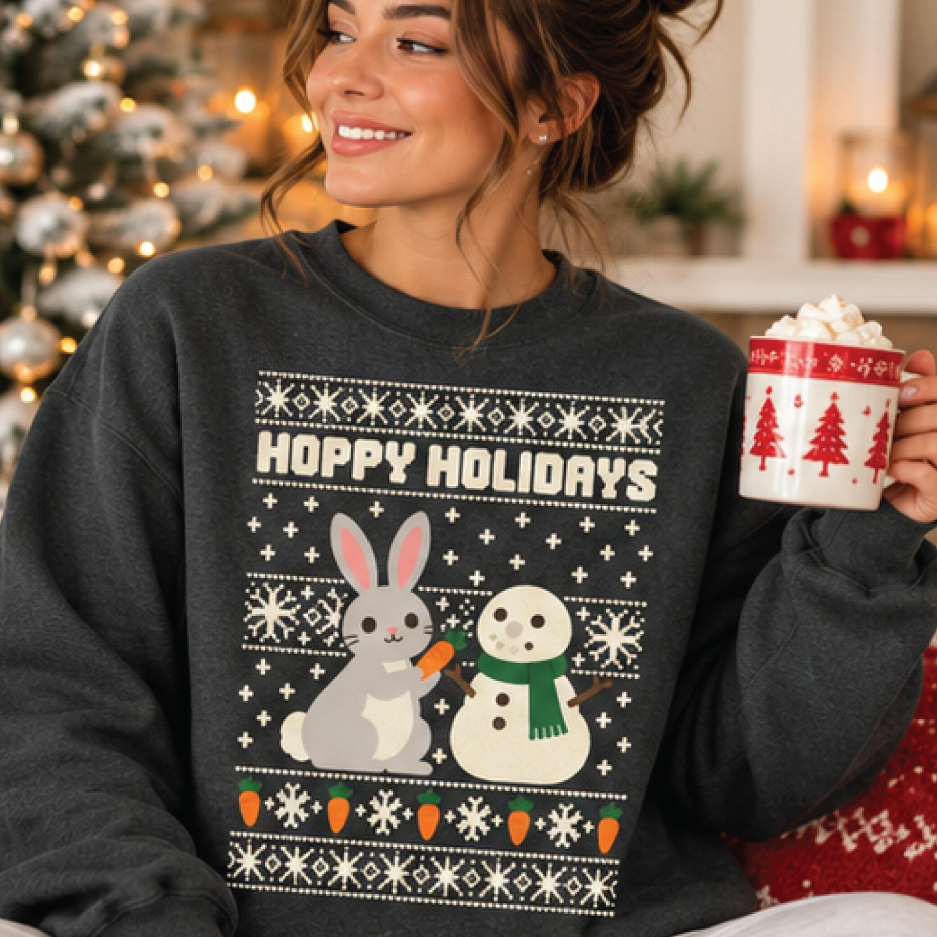 hoppy holidays christmas sweatshirt, cute bunny snowman crewneck, funny rabbit xmas sweater, unisex holiday gift