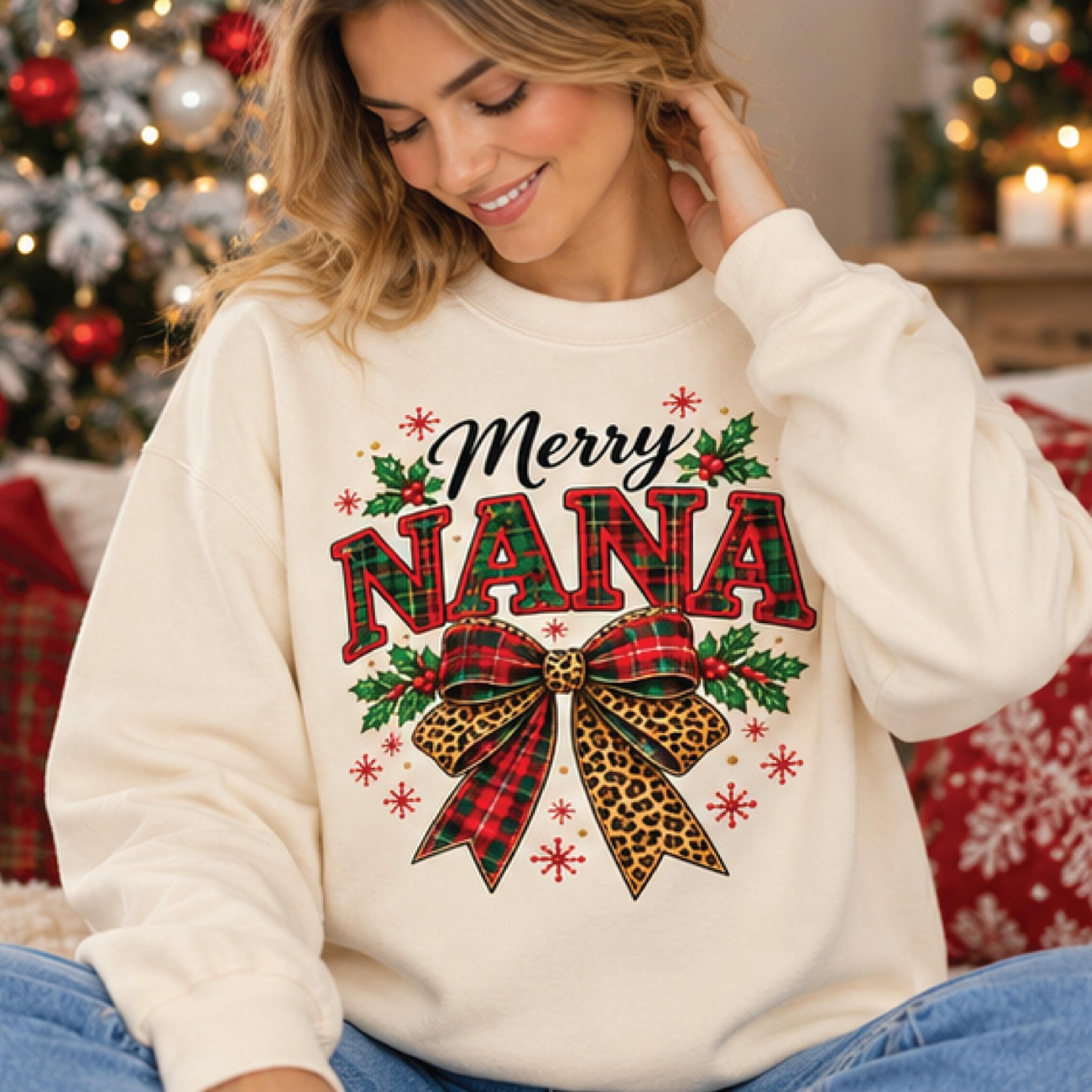 merry nana christmas sweatshirt, plaid leopard bow holiday crewneck, cute grandma xmas sweater, gift for nana