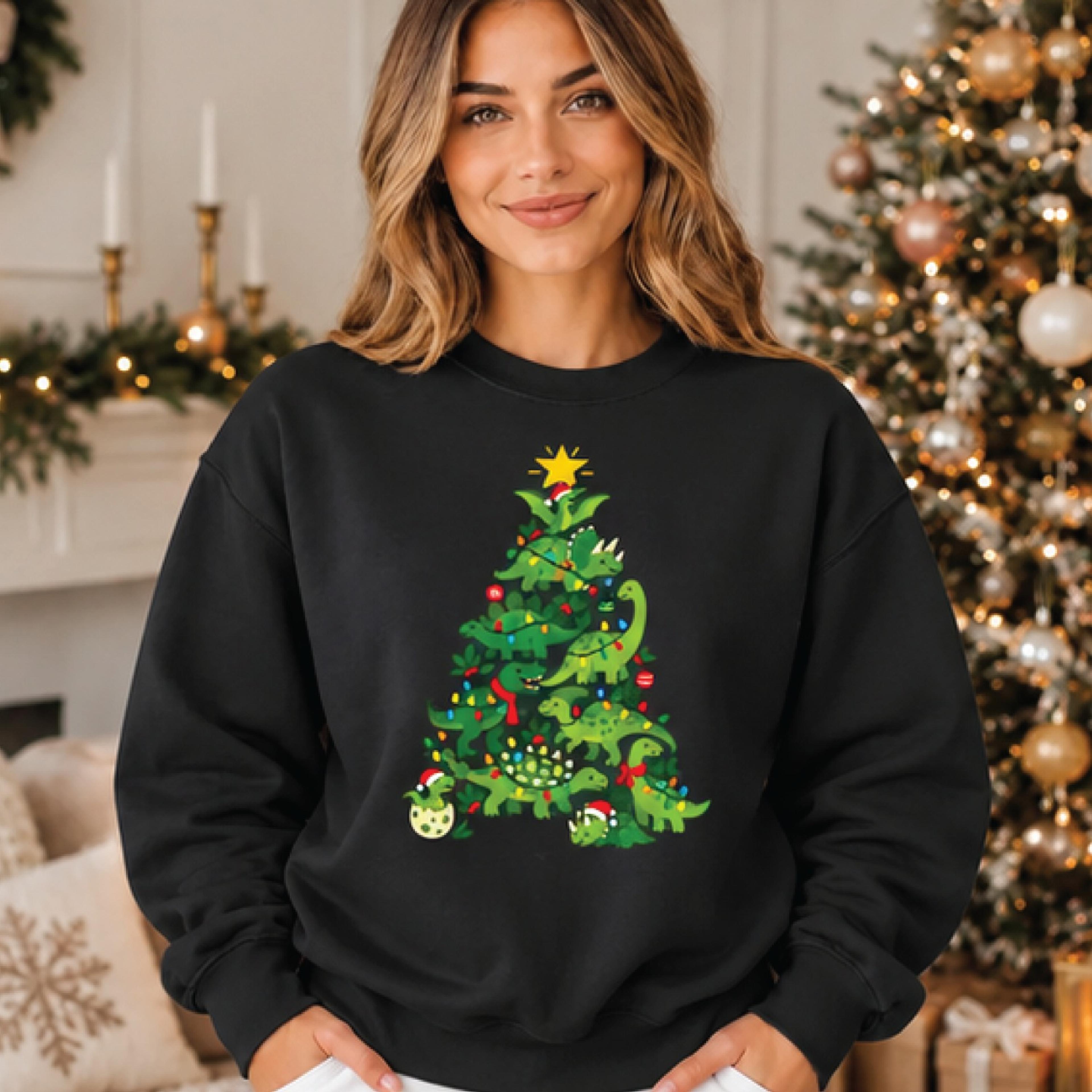 dinosaur christmas tree sweatshirt, cute christmas dino crewneck, funny holiday sweater, unisex gift for dinosaur lovers