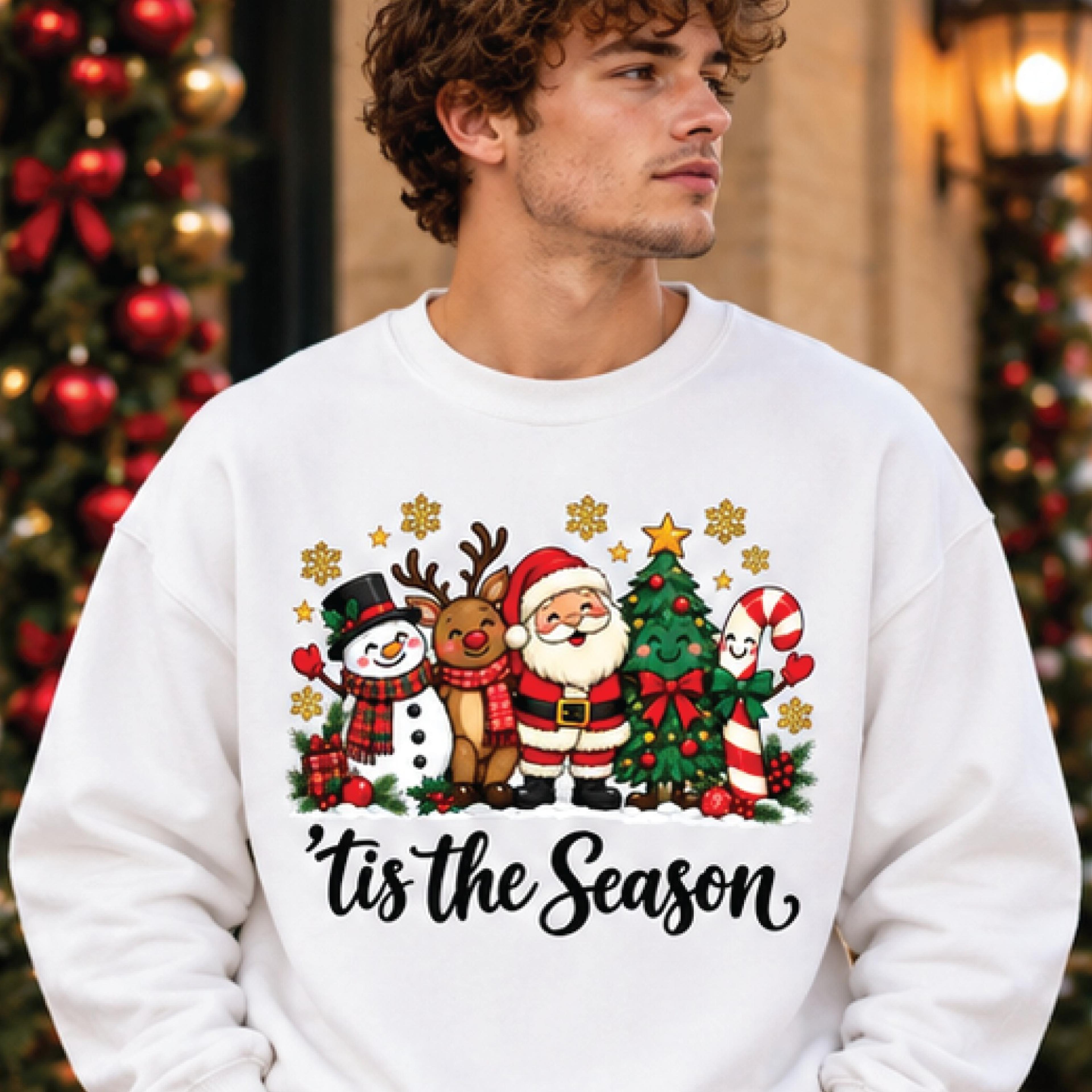 tis the season christmas sweatshirt, cute santa snowman reindeer holiday crewneck, unisex festive christmas gift
