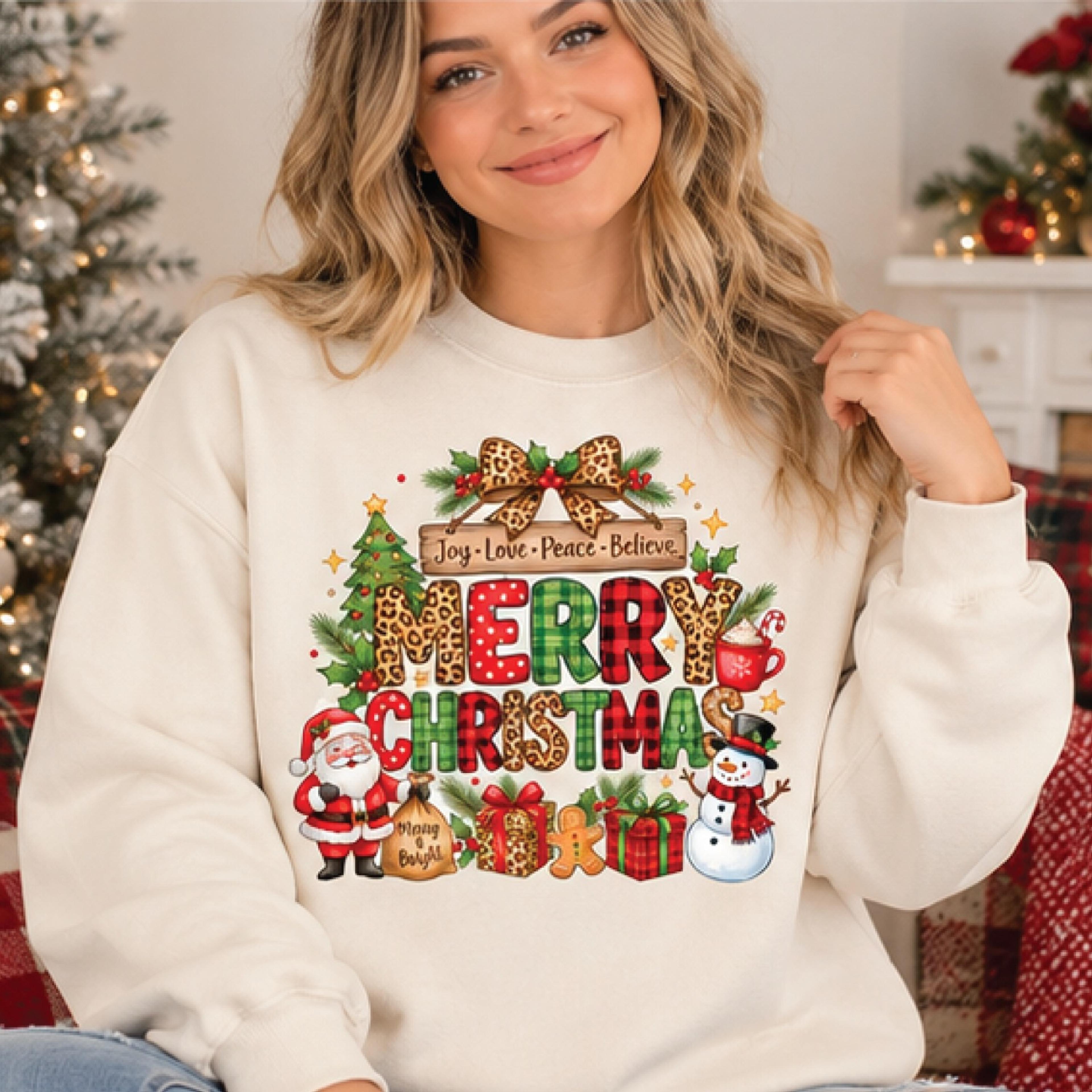 merry christmas sweatshirt, leopard print christmas sweater, joy love peace believe holiday pullover, cute santa snowman