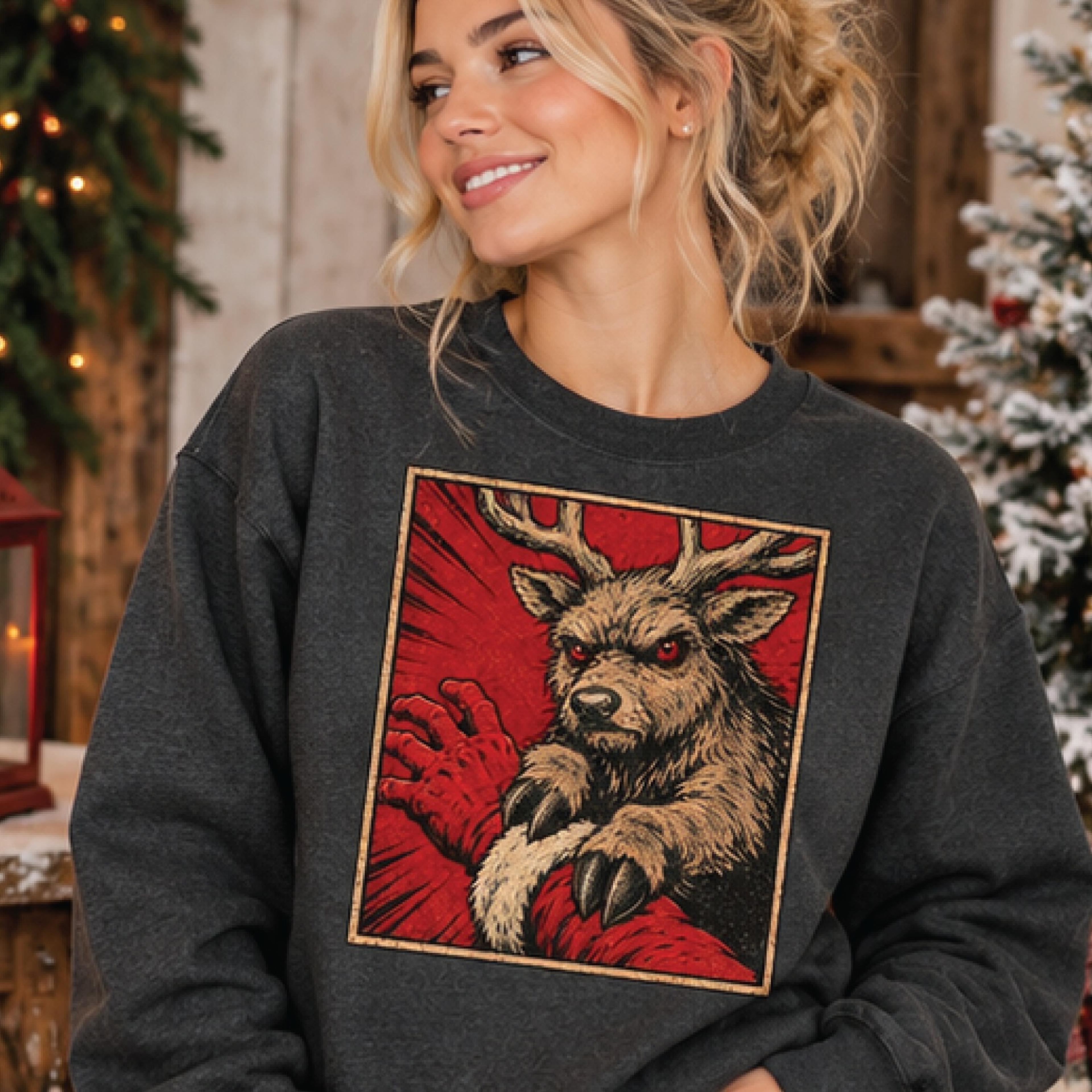 funny christmas reindeer sweatshirt, angry reindeer santa fight graphic sweater, vintage dark humor holiday pullover
