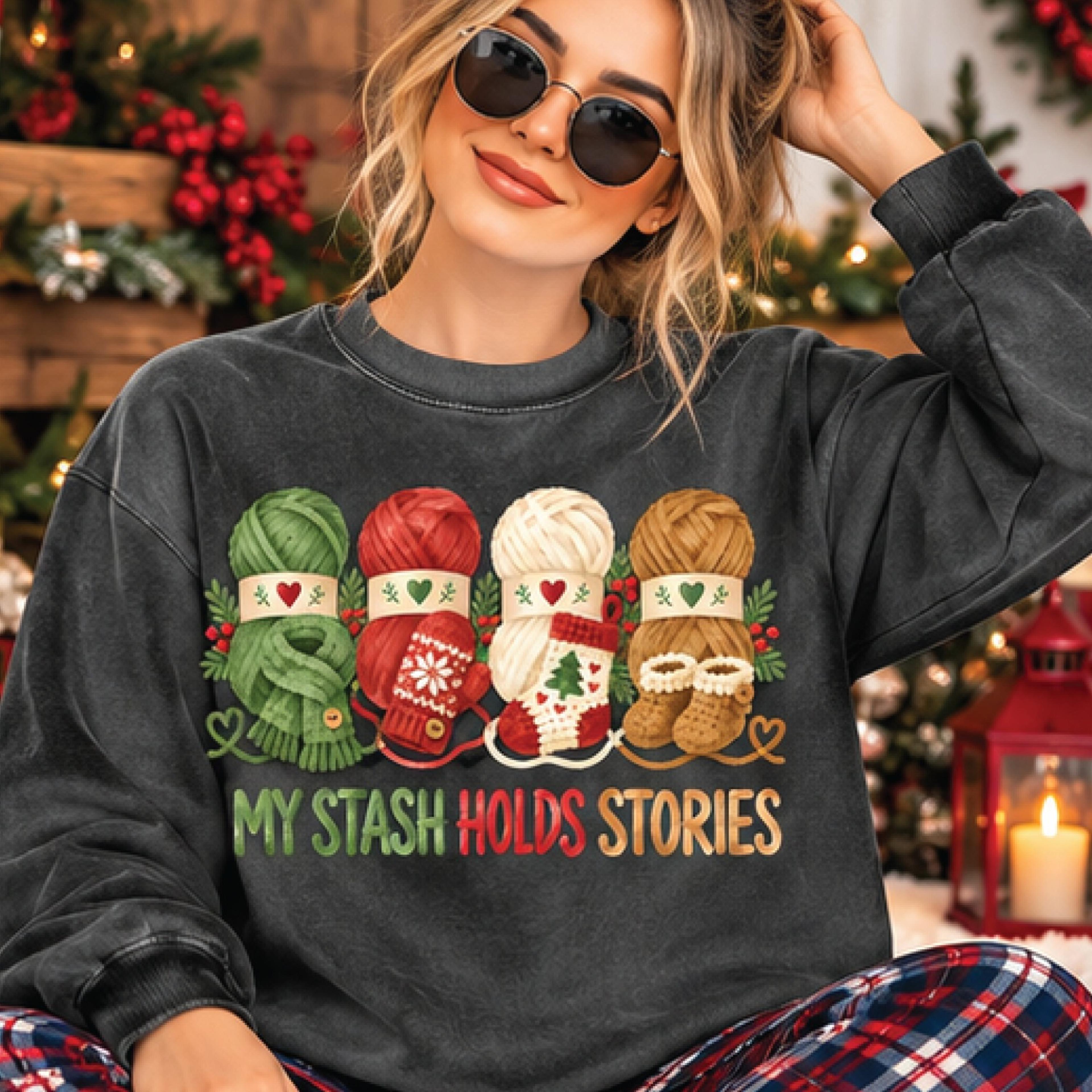 my stash holds stories christmas sweatshirt, crochet lover gift, knitting yarn graphic sweater, cozy holiday crafter