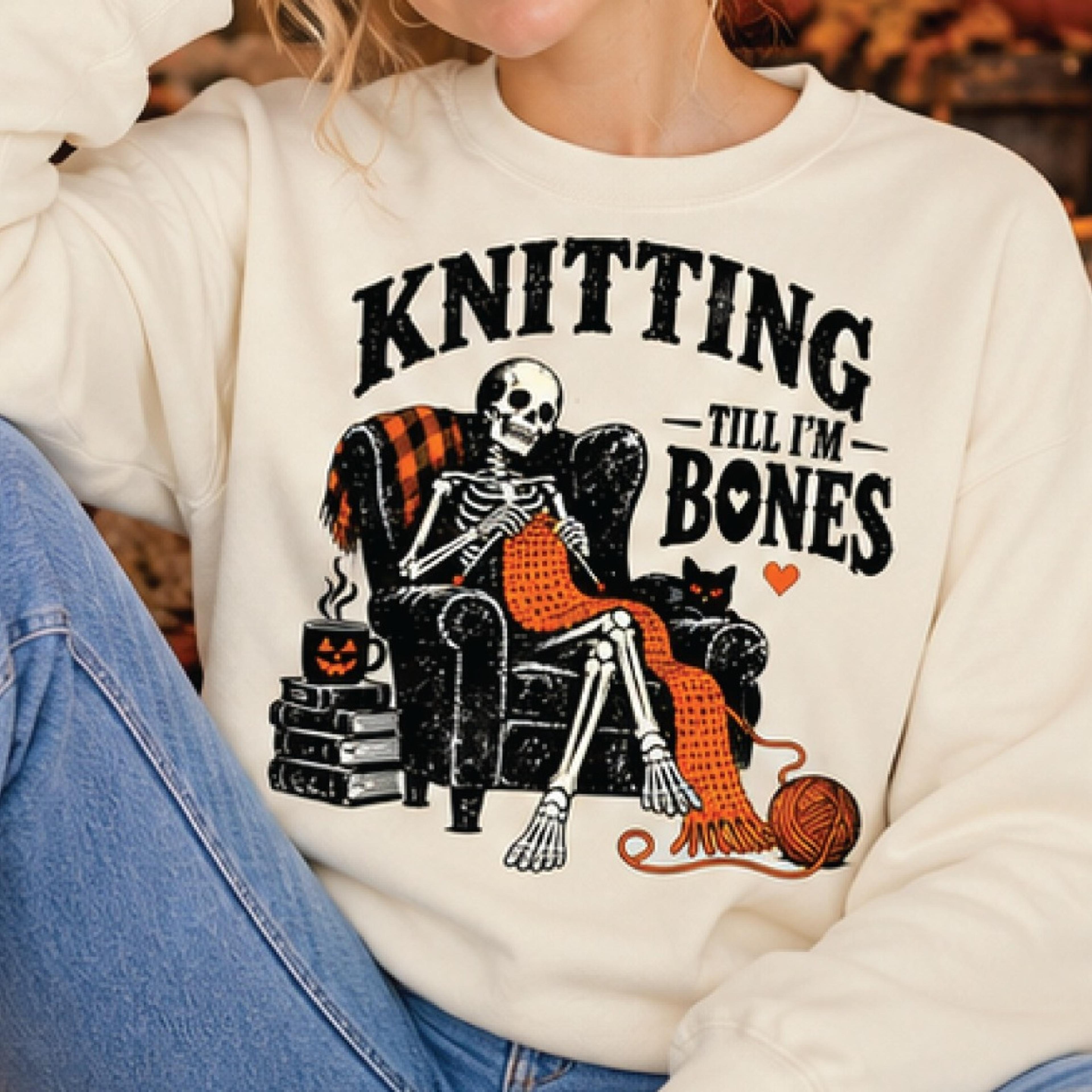 knitting till i'm bones halloween sweatshirt, funny skeleton knitting sweater, spooky knitter gift, crochet lover fall