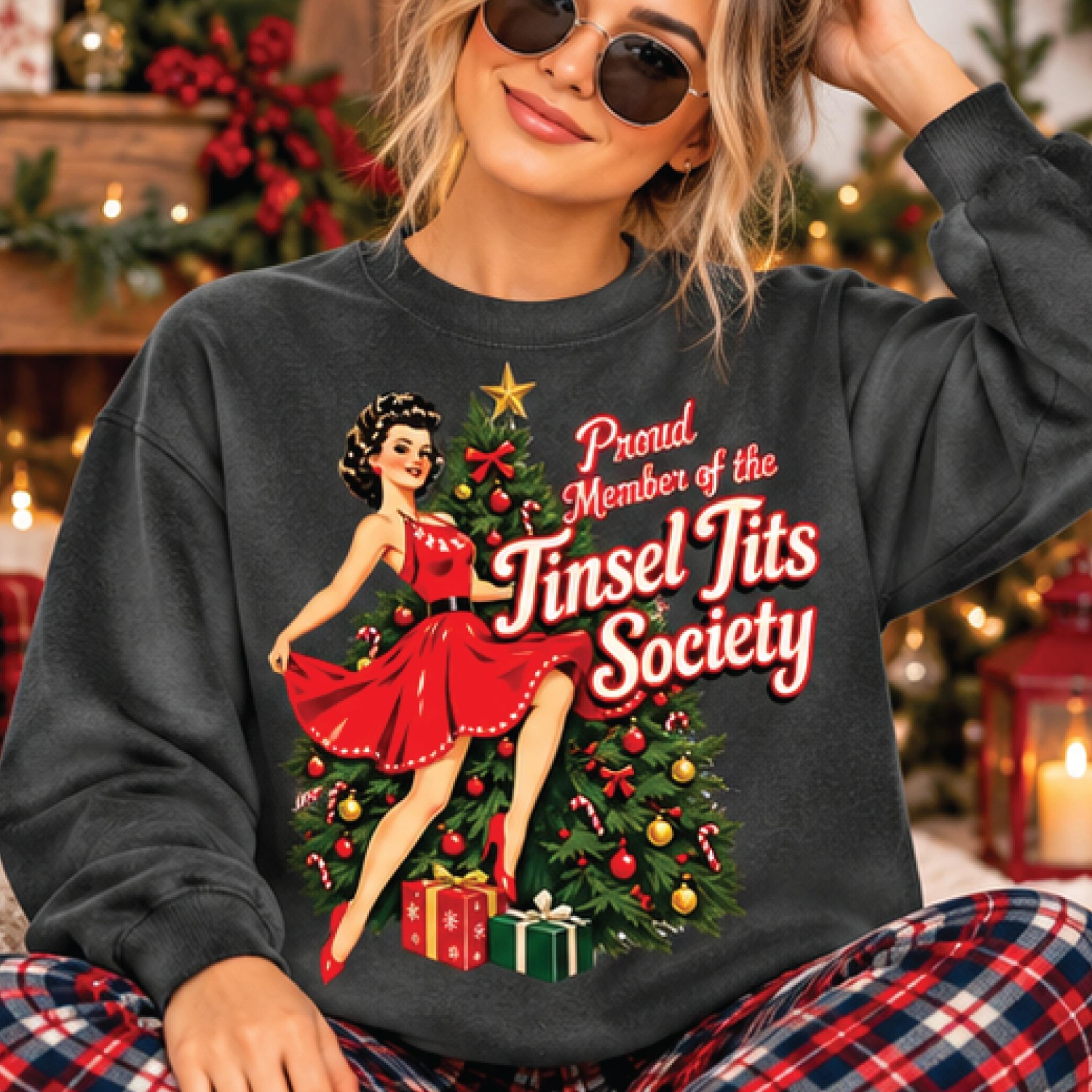 tinsel tits society christmas sweatshirt, funny retro pin up christmas sweater, sassy holiday graphic pullover, vintage