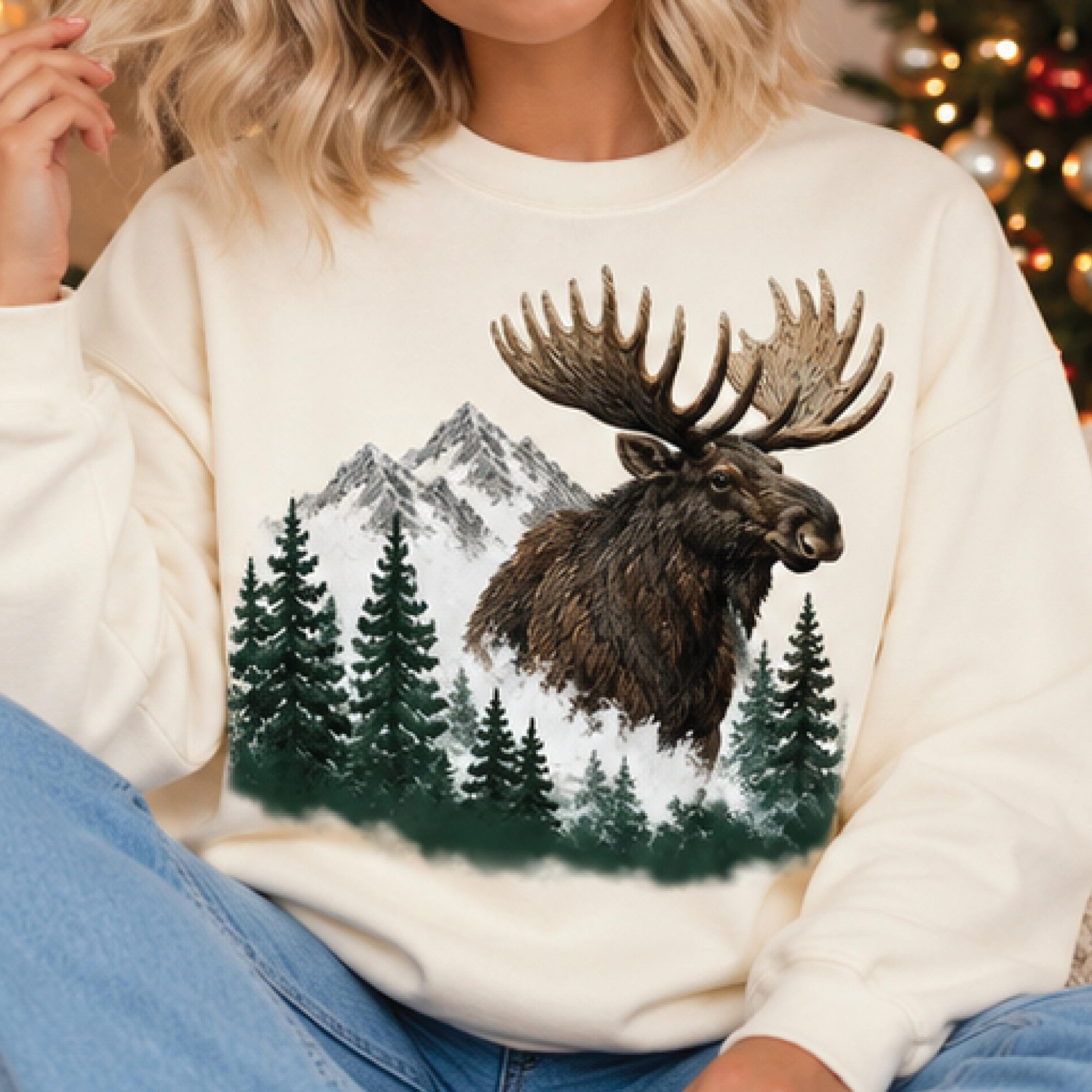 vintage moose mountain sweatshirt, wildlife forest graphic pullover, rustic nature lover gift, outdoor adventure sweater