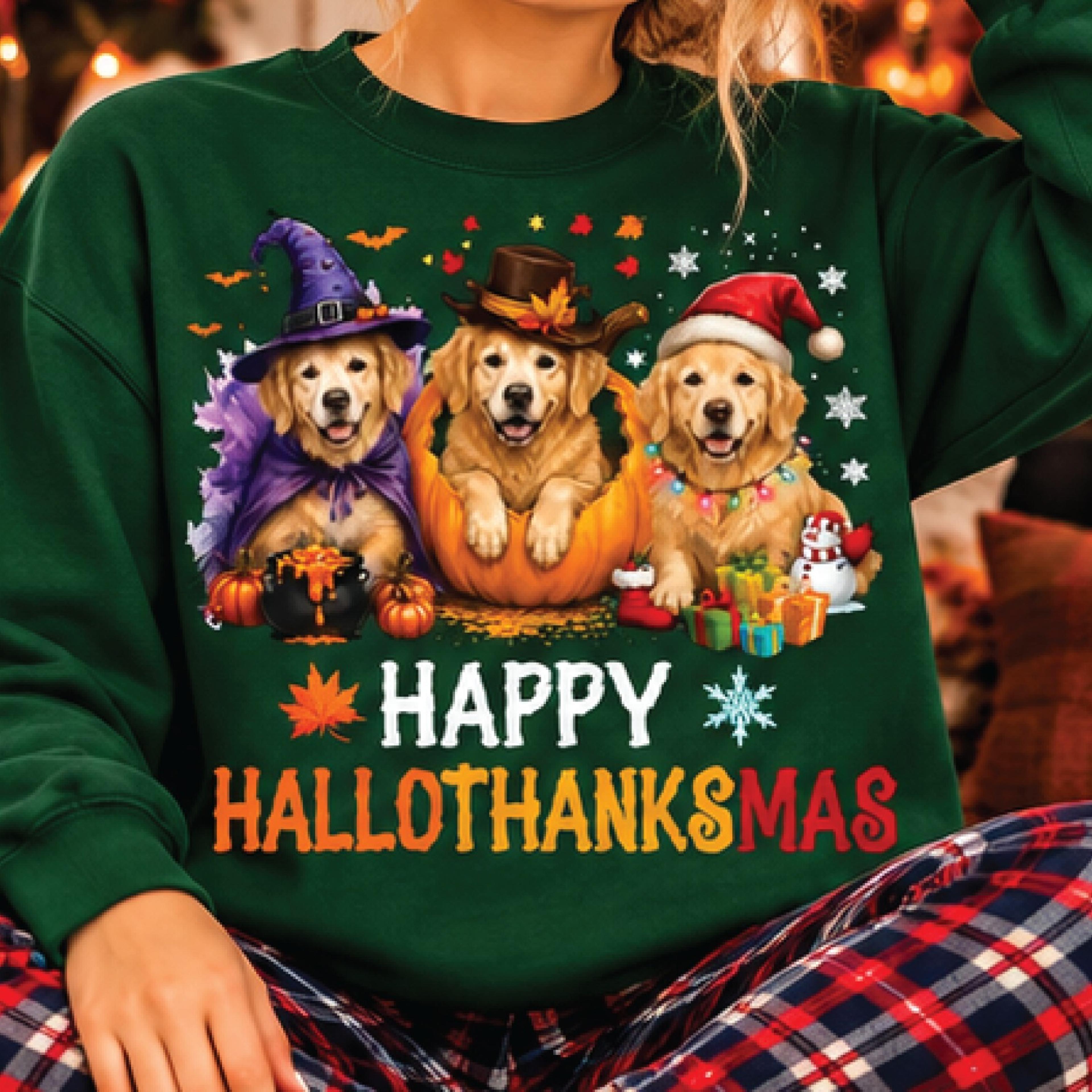 happy hallothanksmas golden retriever sweatshirt, cute holiday dog graphic, halloween thanksgiving christmas pullover