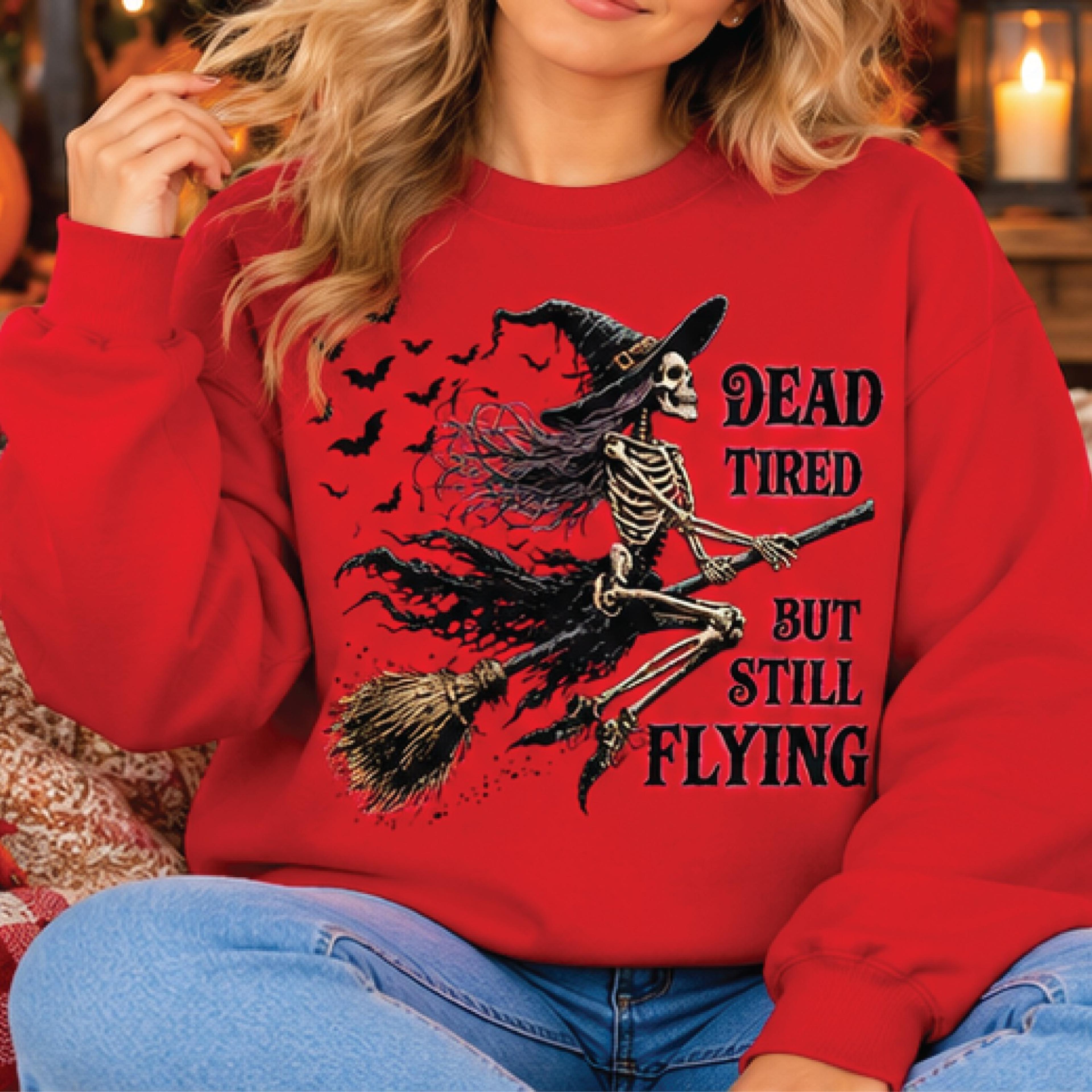 dead tired but still flying sweatshirt, funny skeleton witch halloween pullover, spooky witch broom graphic sweater