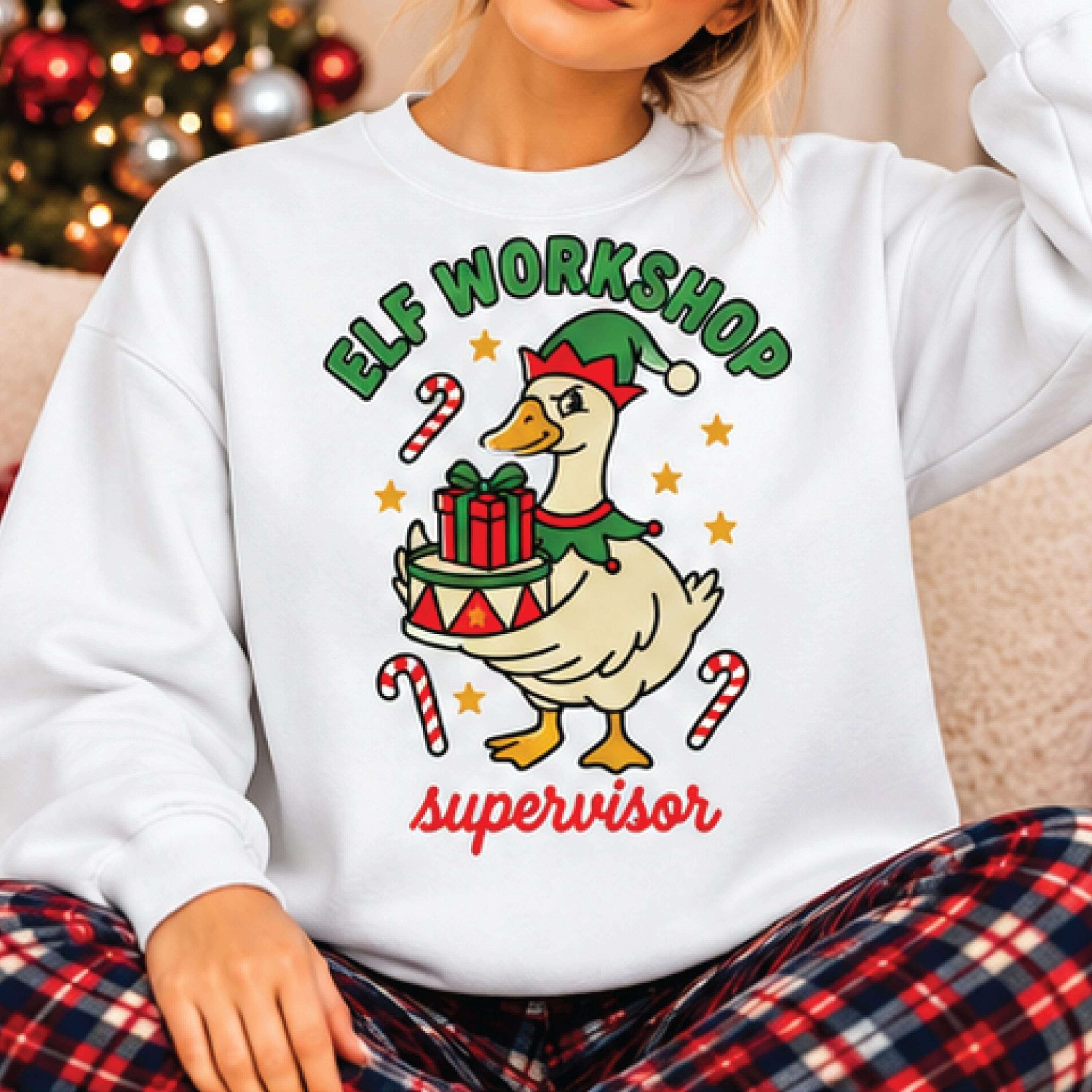 elf workshop supervisor christmas sweatshirt, funny duck elf holiday sweater, cute christmas gift graphic pullover