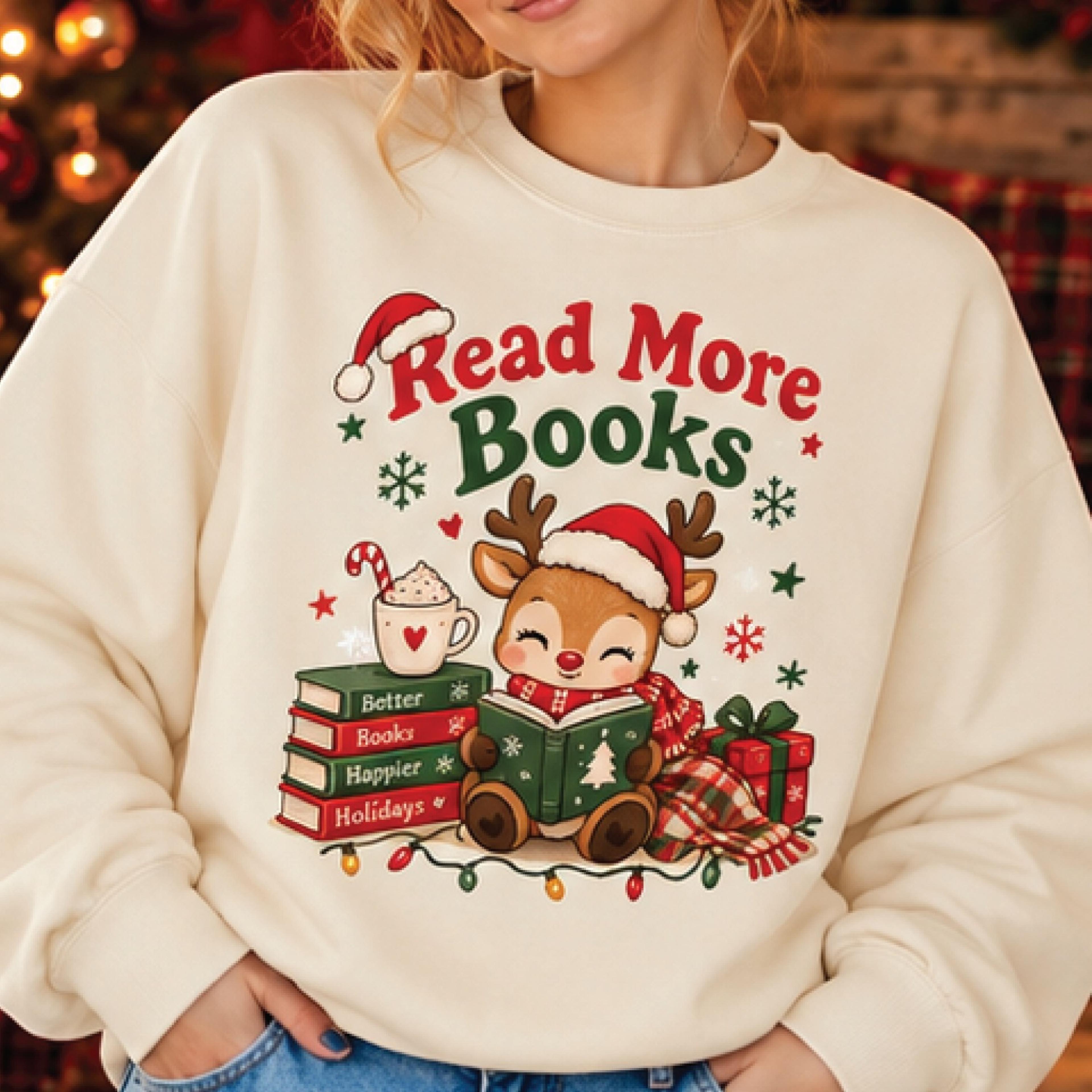 read more books christmas sweatshirt, cute reading reindeer holiday sweater, book lover christmas gift, cozy winter pull