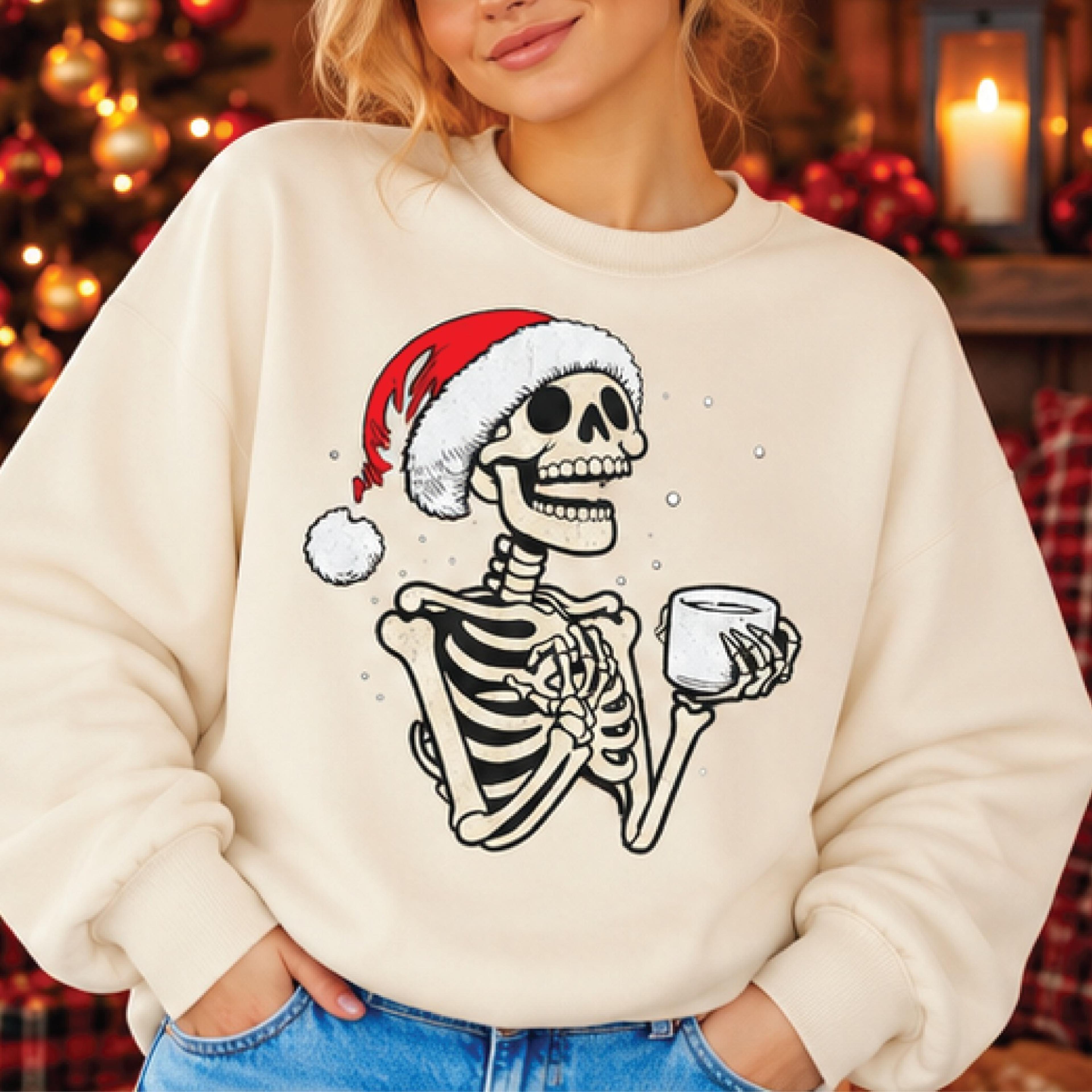 funny christmas skeleton sweatshirt, santa hat coffee skeleton graphic pullover, spooky holiday gift for men and women