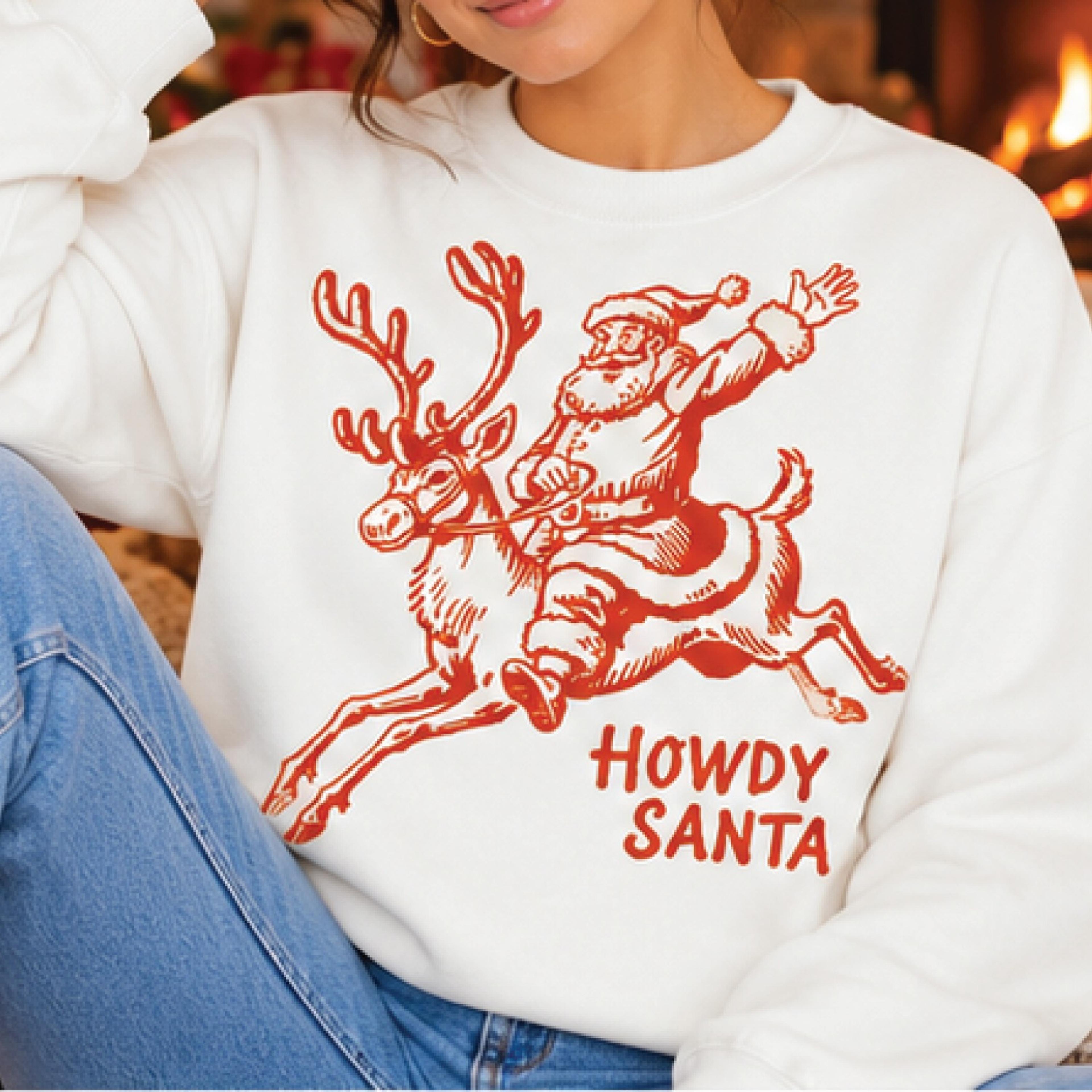 howdy santa christmas sweatshirt, western santa riding reindeer graphic pullover, vintage cowboy christmas holiday gift