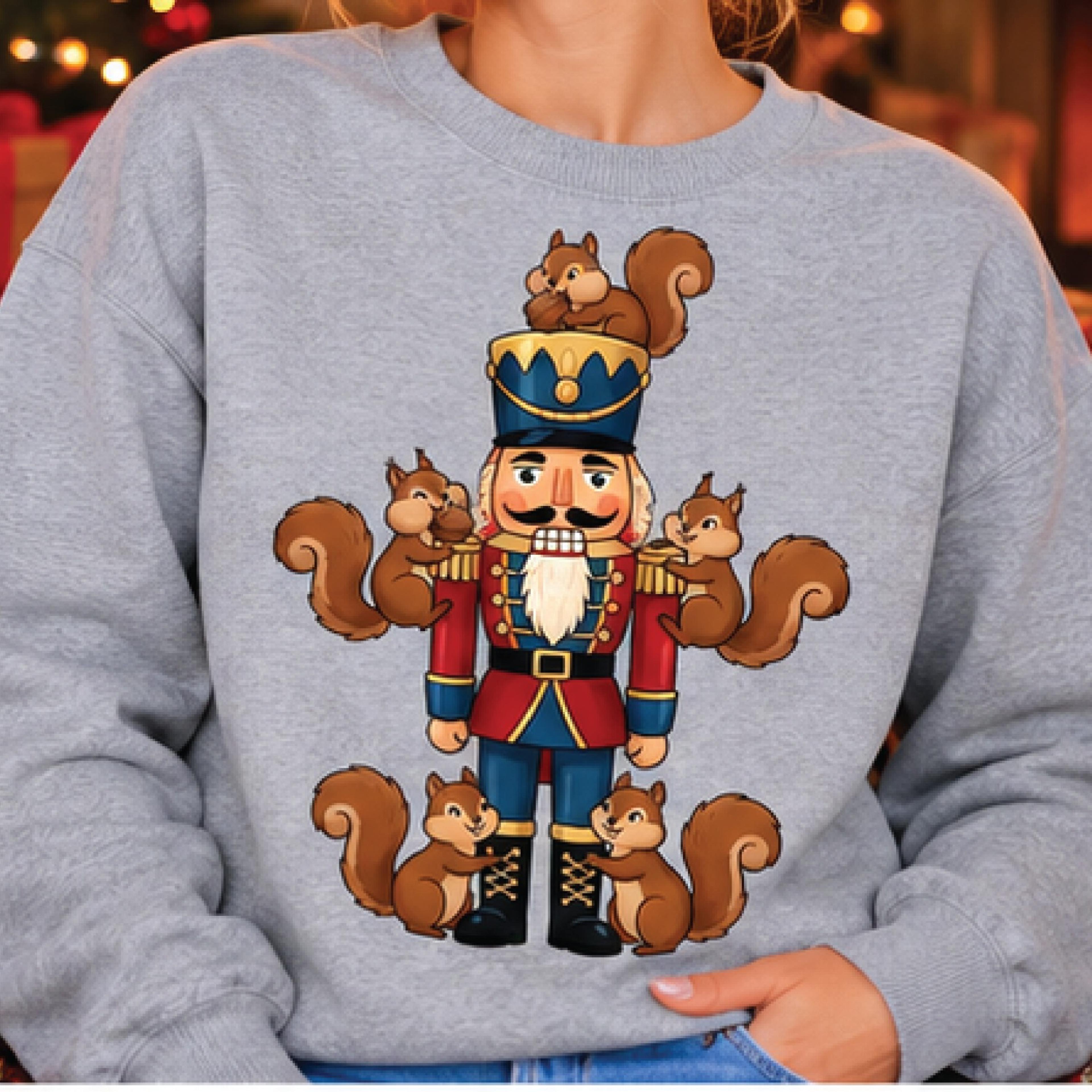 nutcracker christmas sweatshirt, cute squirrel holiday graphic crewneck, whimsical christmas gift for animal lovers