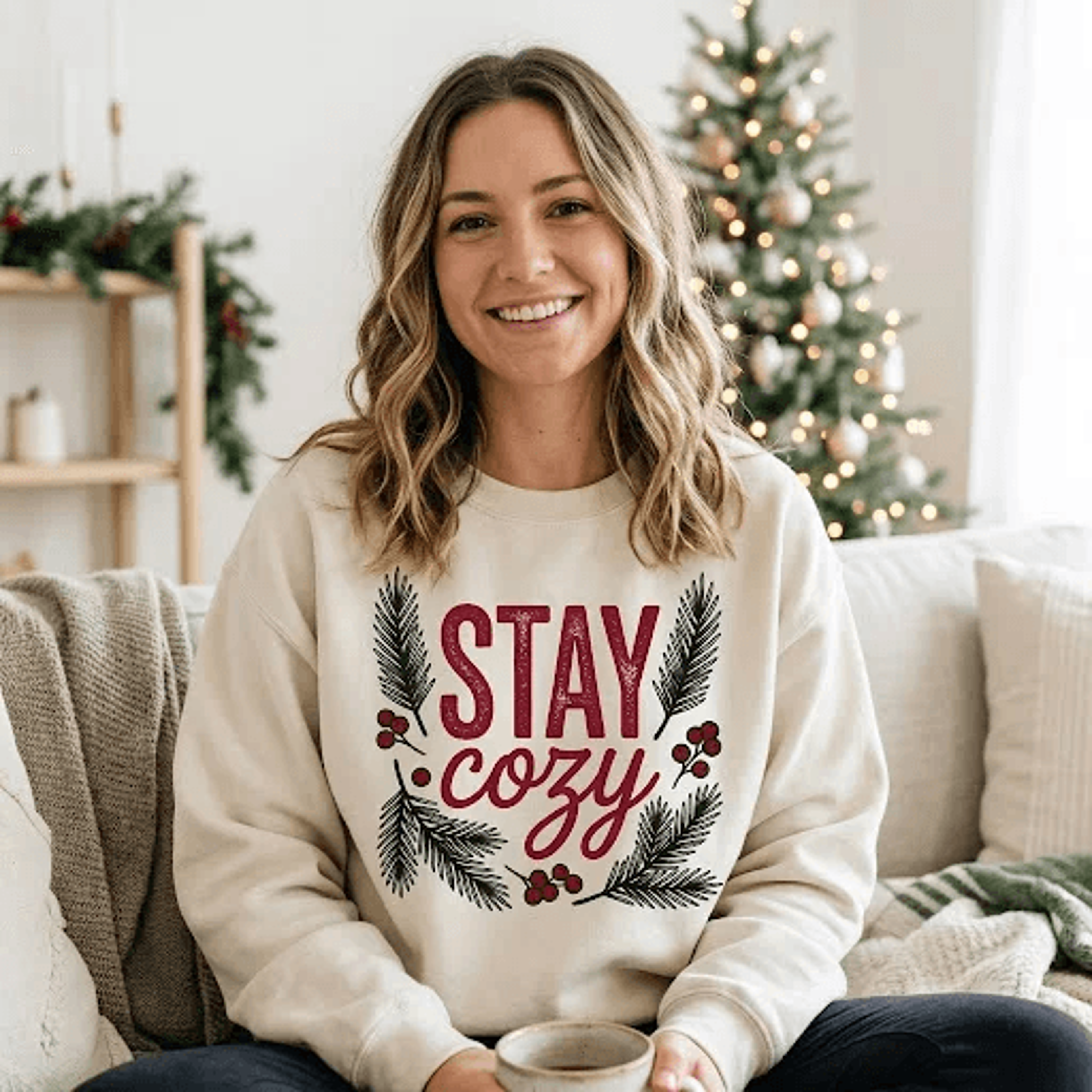 stay cozy christmas sweatshirt, rustic pine branch and winter berries graphic crewneck, cozy holiday sweater, festive