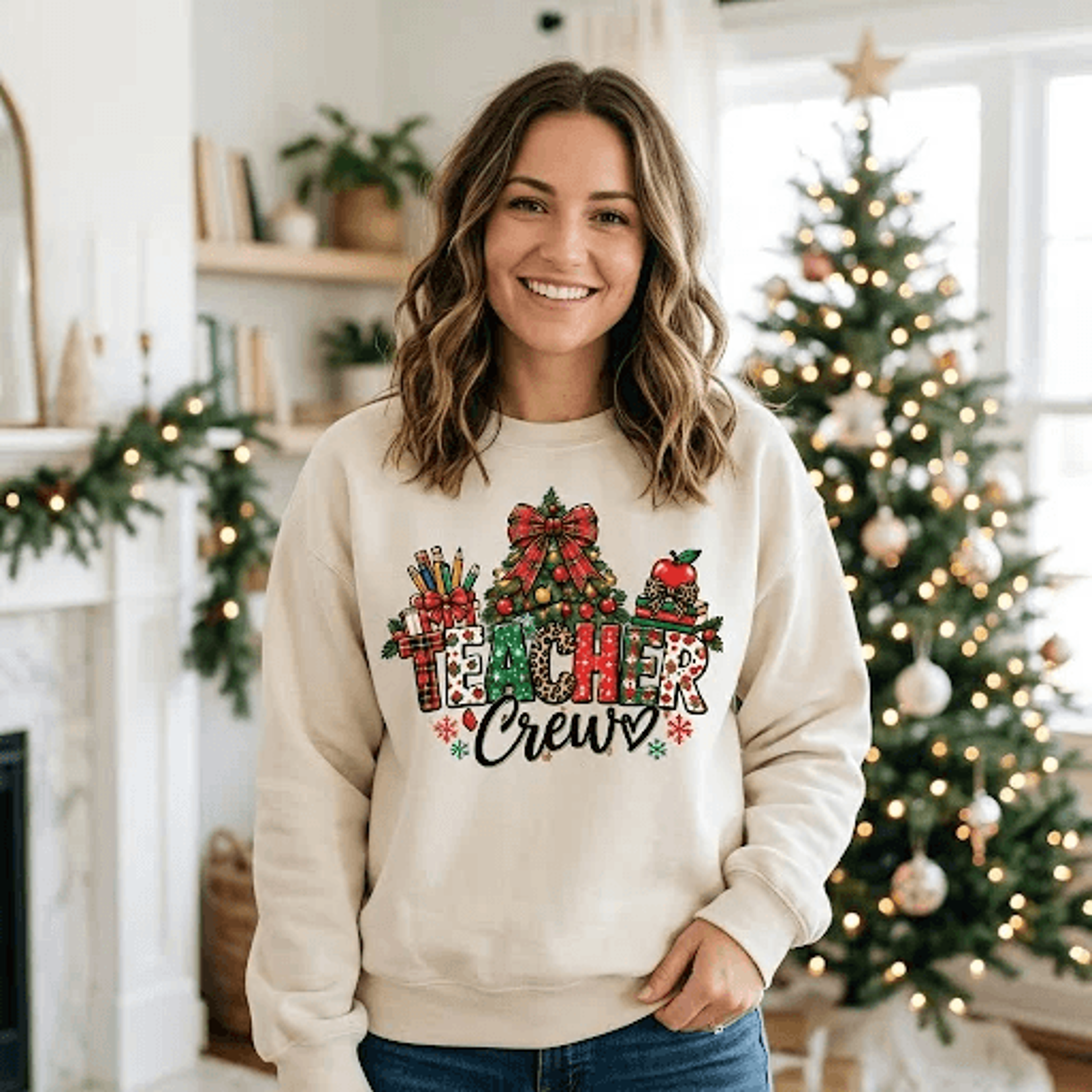 teacher crew christmas sweatshirt, festive holiday teacher graphic crewneck, cute christmas school staff sweater