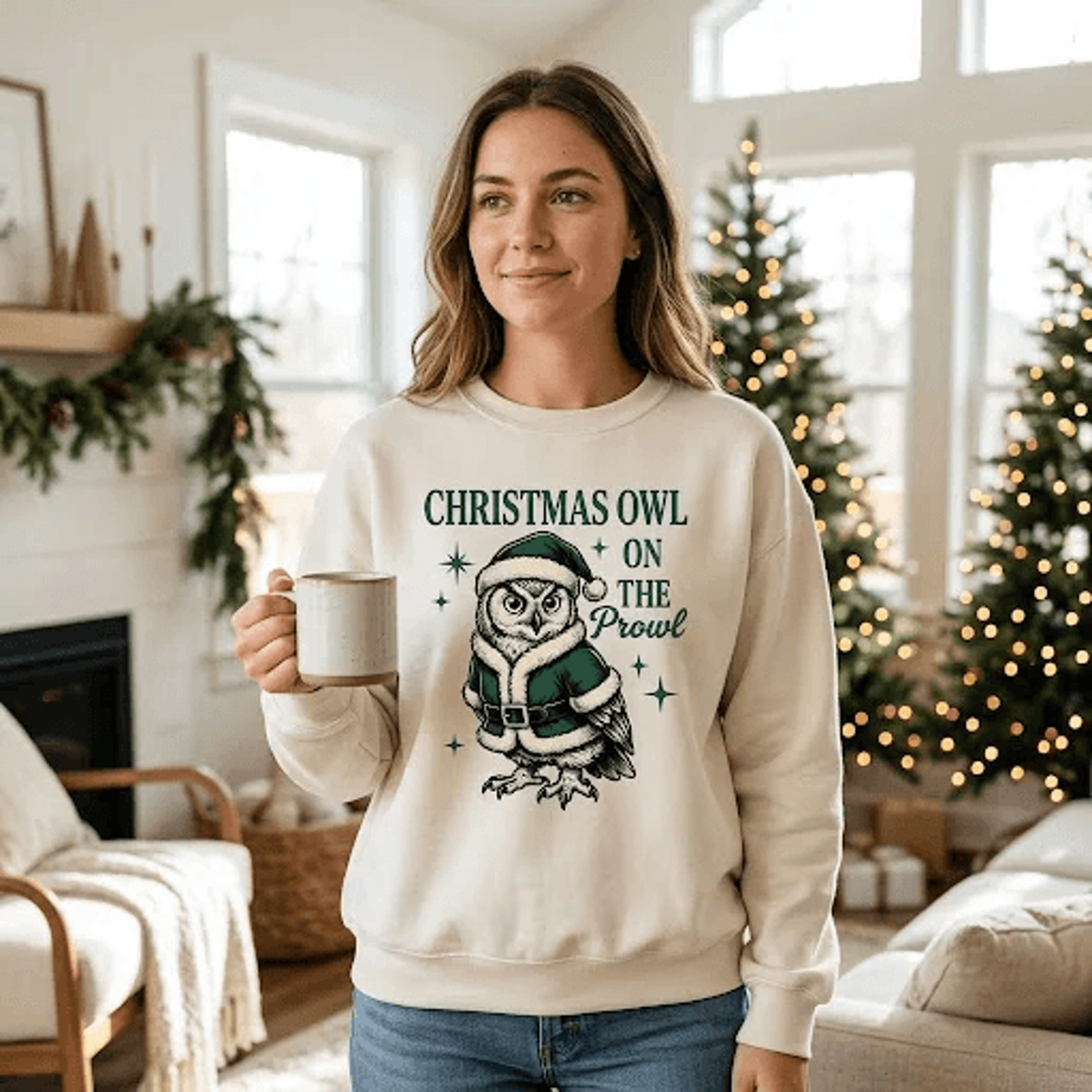 christmas owl on the prowl sweatshirt, cute santa owl holiday crewneck, funny christmas pullover, festive winter gift