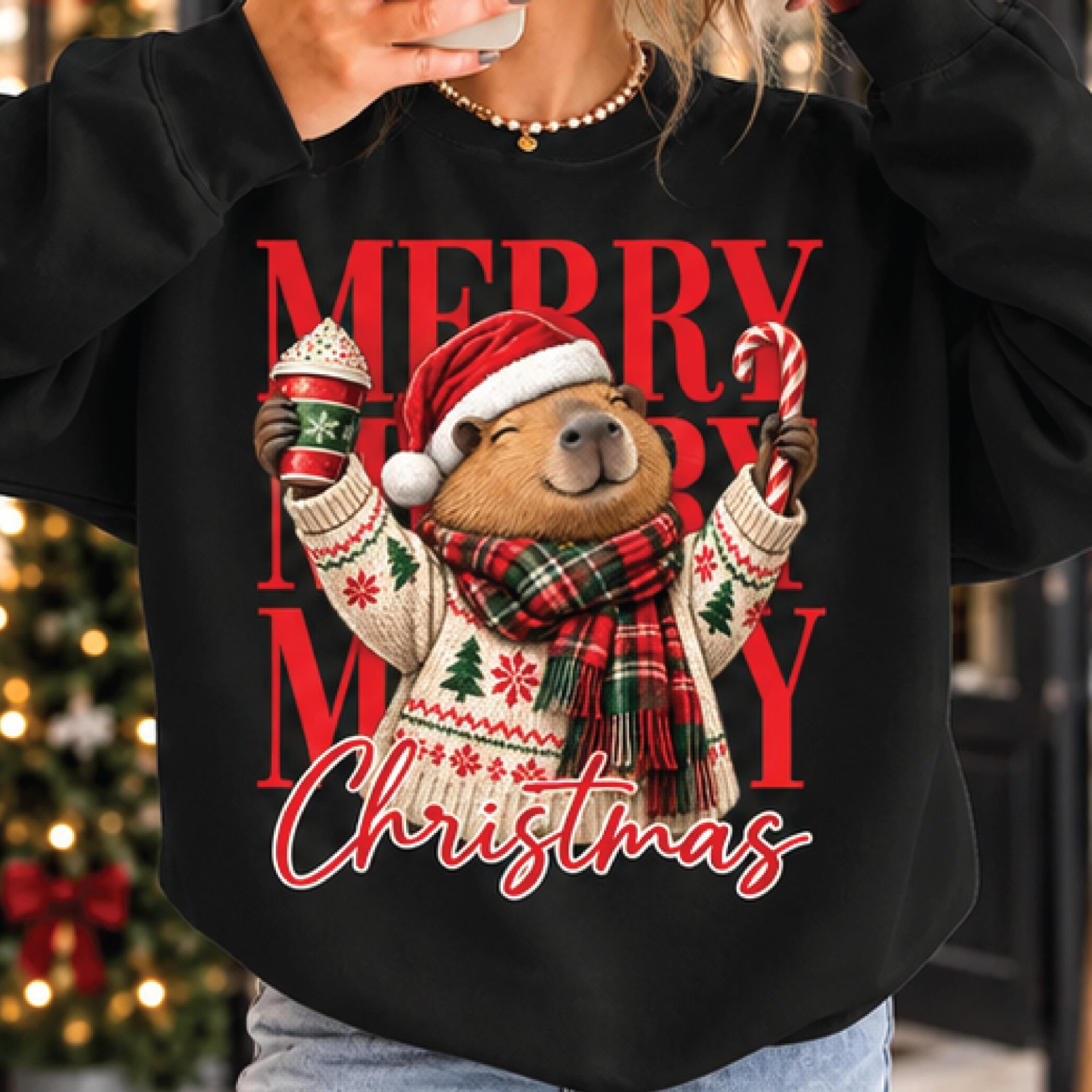 merry merry merry christmas sweatshirt, cute christmas capybara graphic crewneck, funny holiday animal sweater, xmas