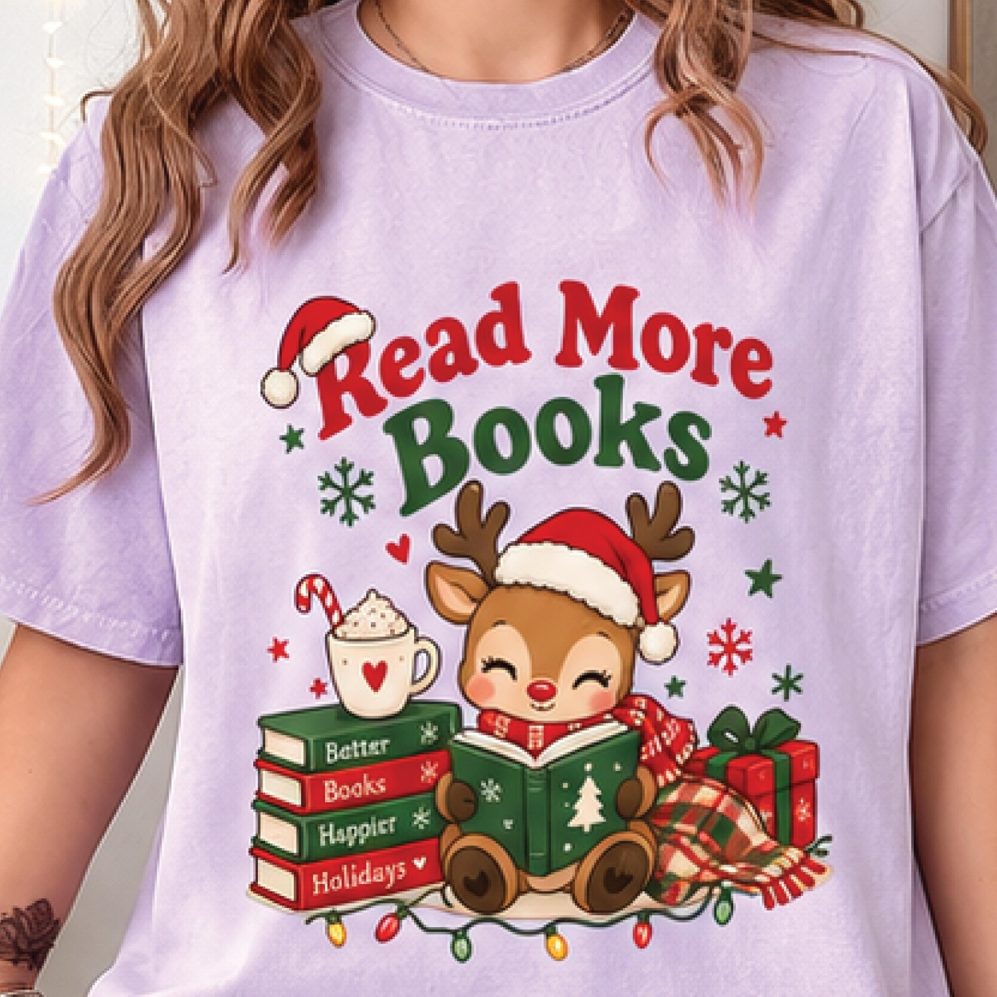 read more books christmas shirt, cute reindeer reading graphic tee, book lover holiday t-shirt, cozy christmas gift