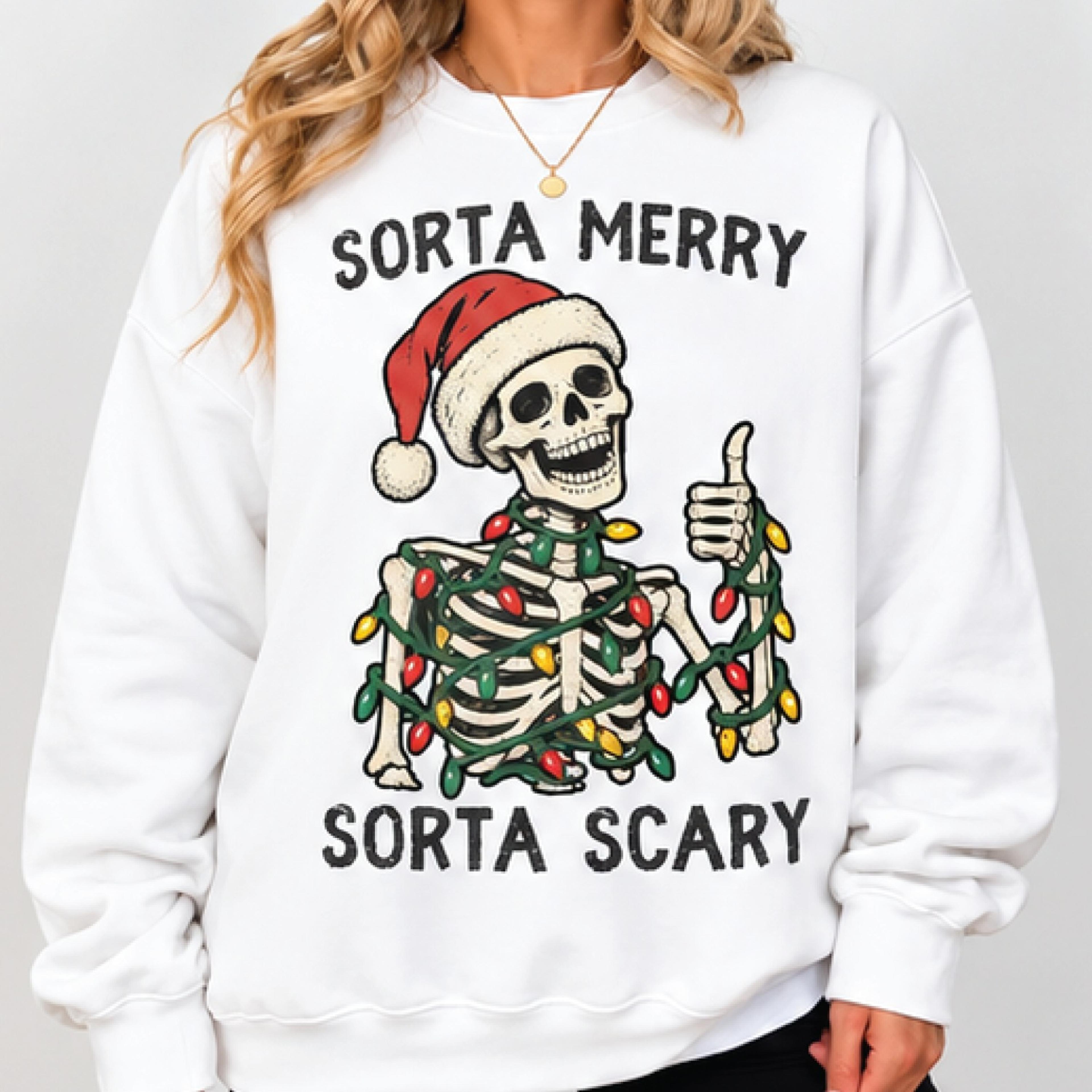 sorta merry sorta scary christmas sweatshirt, funny skeleton santa graphic, spooky holiday sweater, christmas gift
