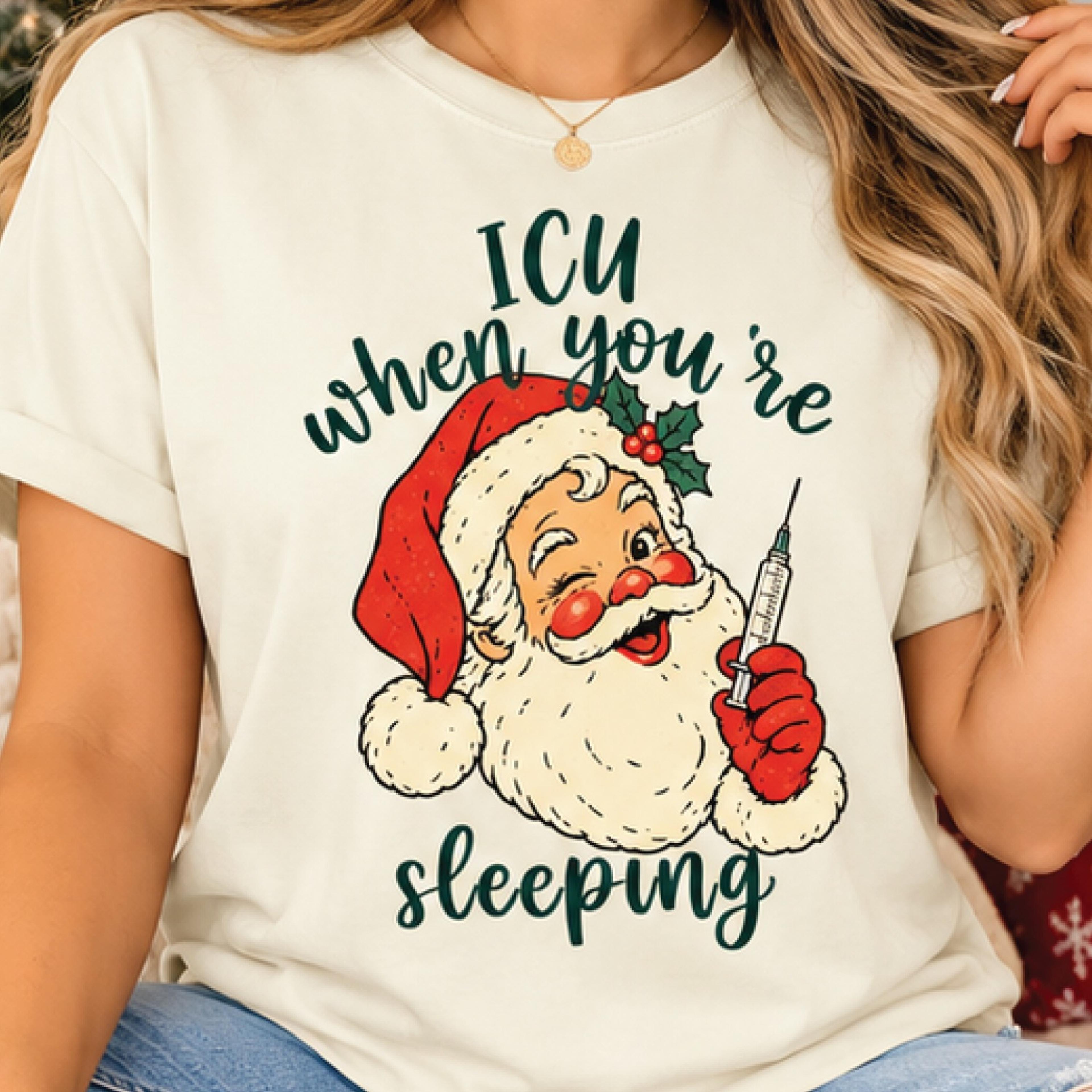 icu when you're sleeping christmas shirt, funny nurse santa graphic tee, vintage medical humor holiday gift for icu nurs