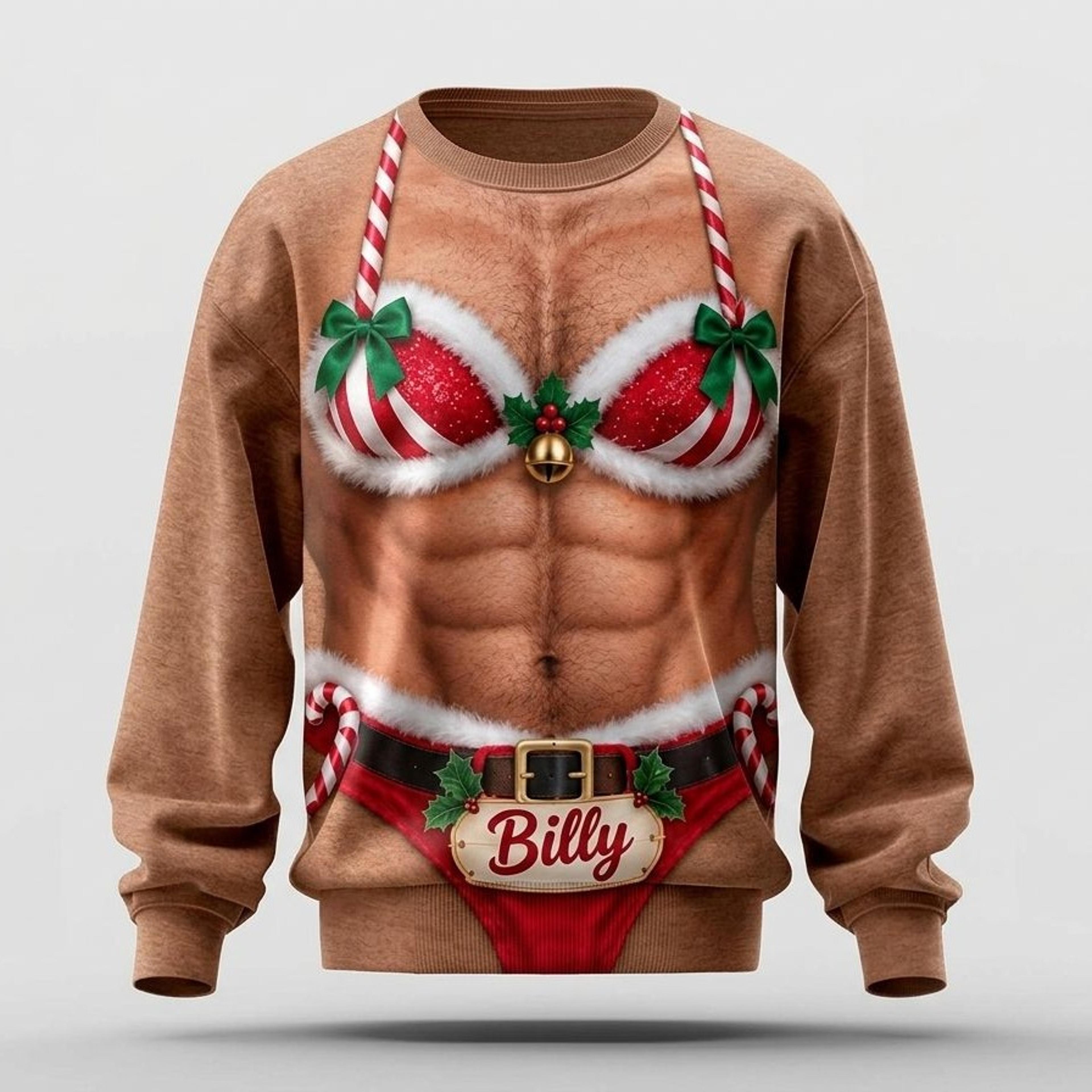 personalized funny christmas sweatshirt, custom name santa bikini abs body illusion, ugly xmas sweater, unisex adult
