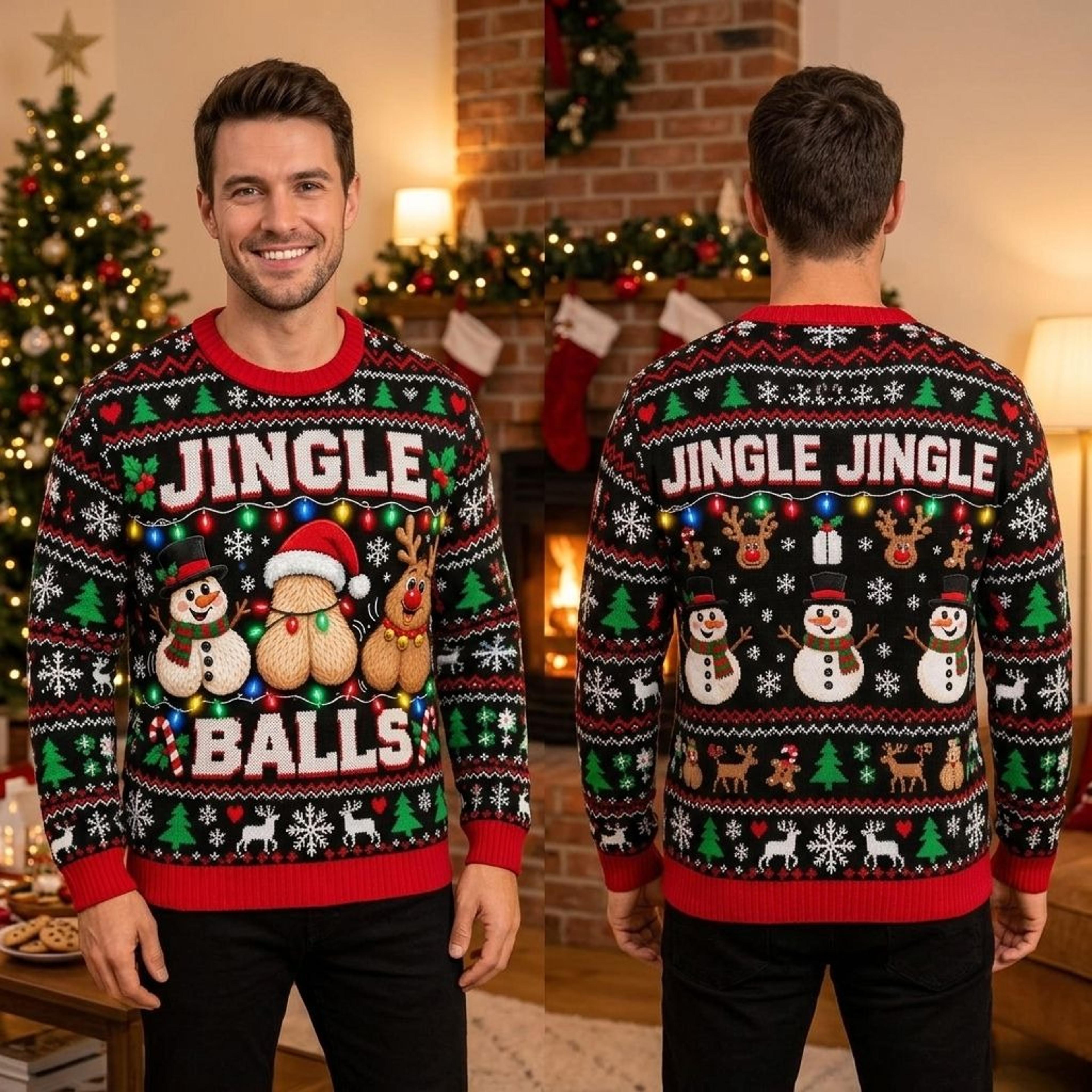 funny jingle balls christmas sweatshirt, adult ugly christmas sweater, snowman reindeer holiday party unisex front back