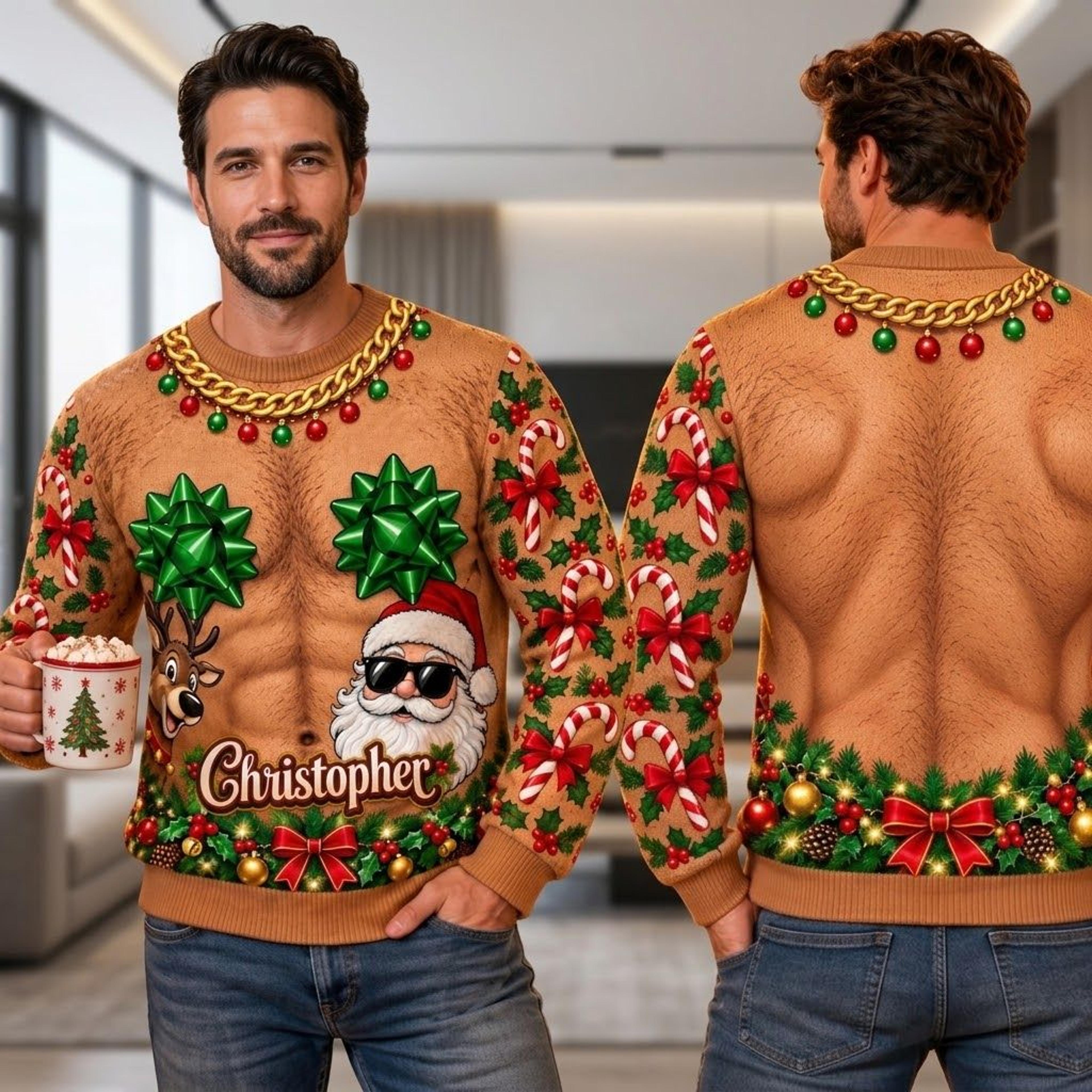 funny christmas hairy chest sweatshirt, personalized name santa bow ugly christmas sweater, unisex adult holiday party