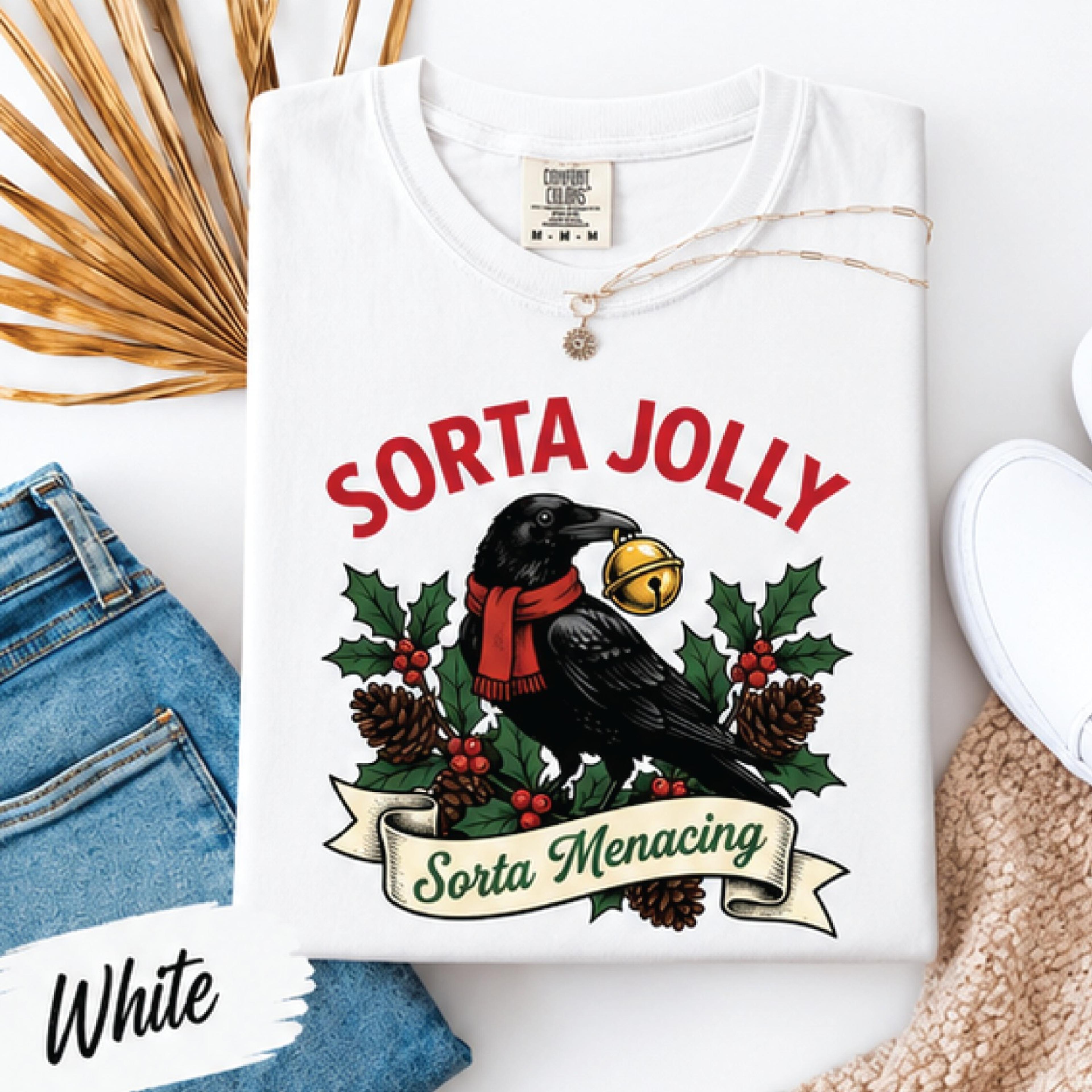 sorta jolly sorta menacing christmas shirt, funny crow graphic tee, gothic holiday raven t-shirt, dark humor xmas gift