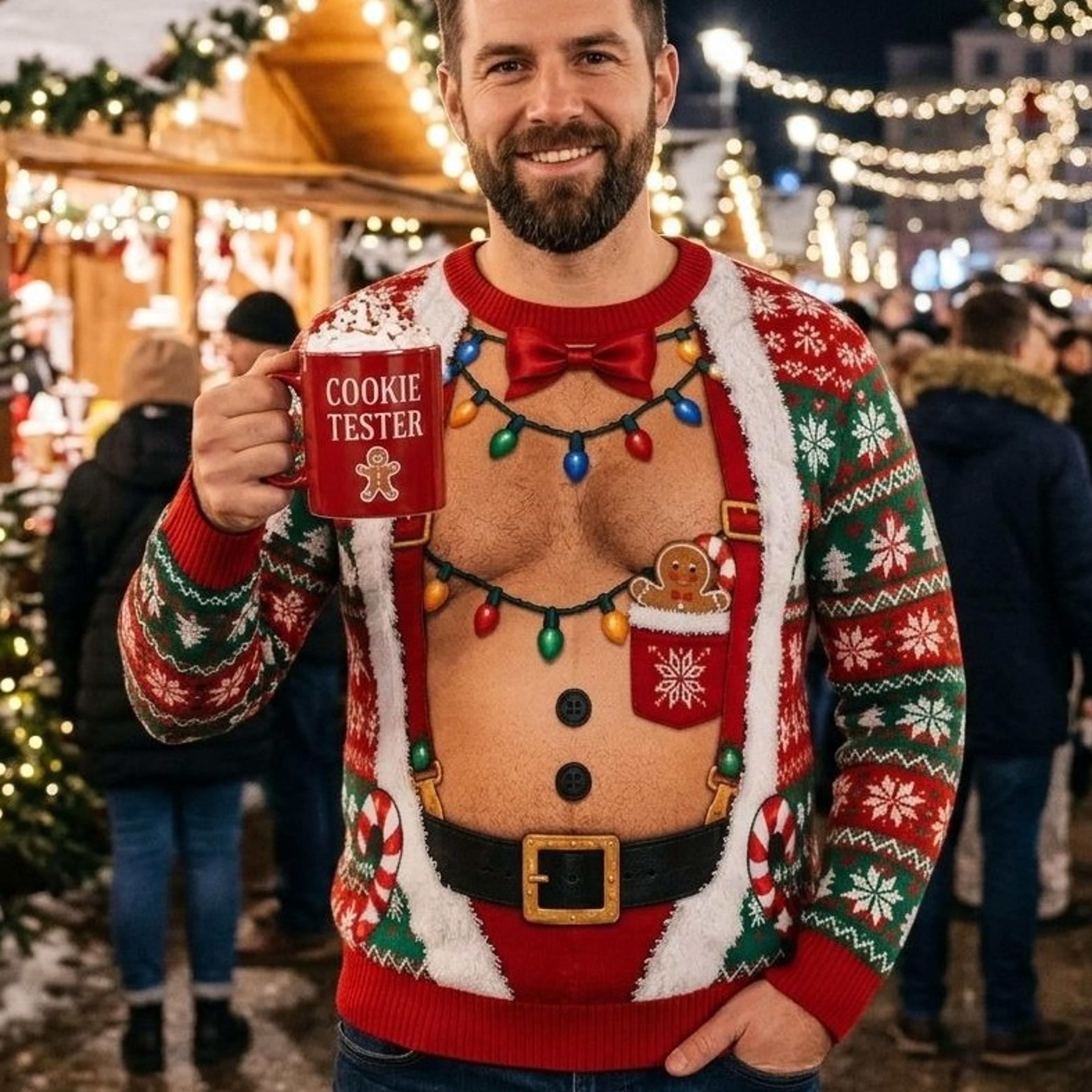 funny gingerbread cookie tester christmas sweatshirt, santa costume illusion ugly xmas sweater, unisex adult holiday
